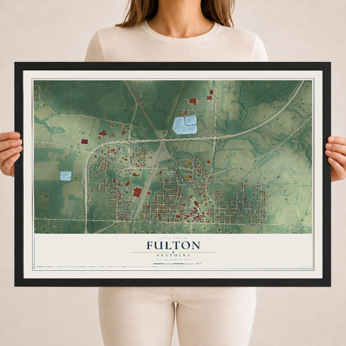 Map of Fulton, Kentucky, 18 x 24 inch print in a black wood frame