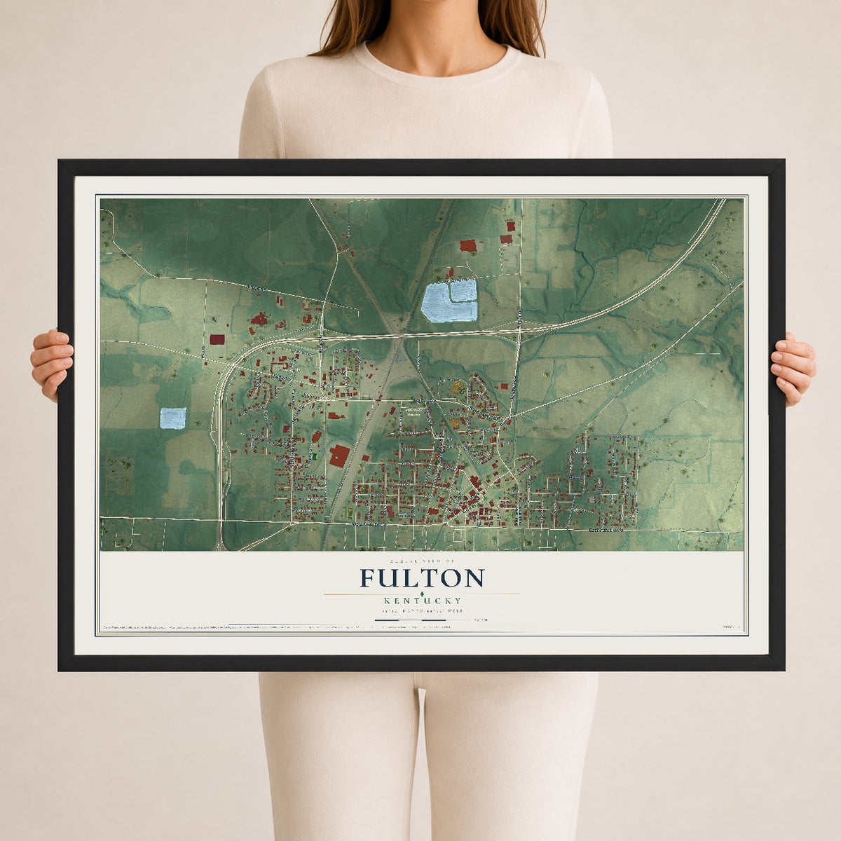 Map of Fulton, Kentucky, 24 x 36 inch print in a black wood frame