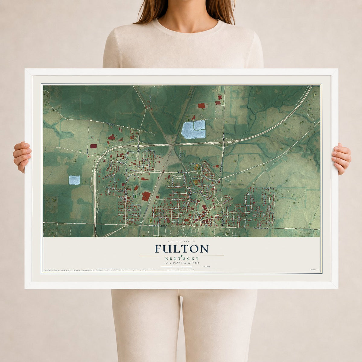 Map of Fulton, Kentucky, 24 x 36 inch print in a white wood frame