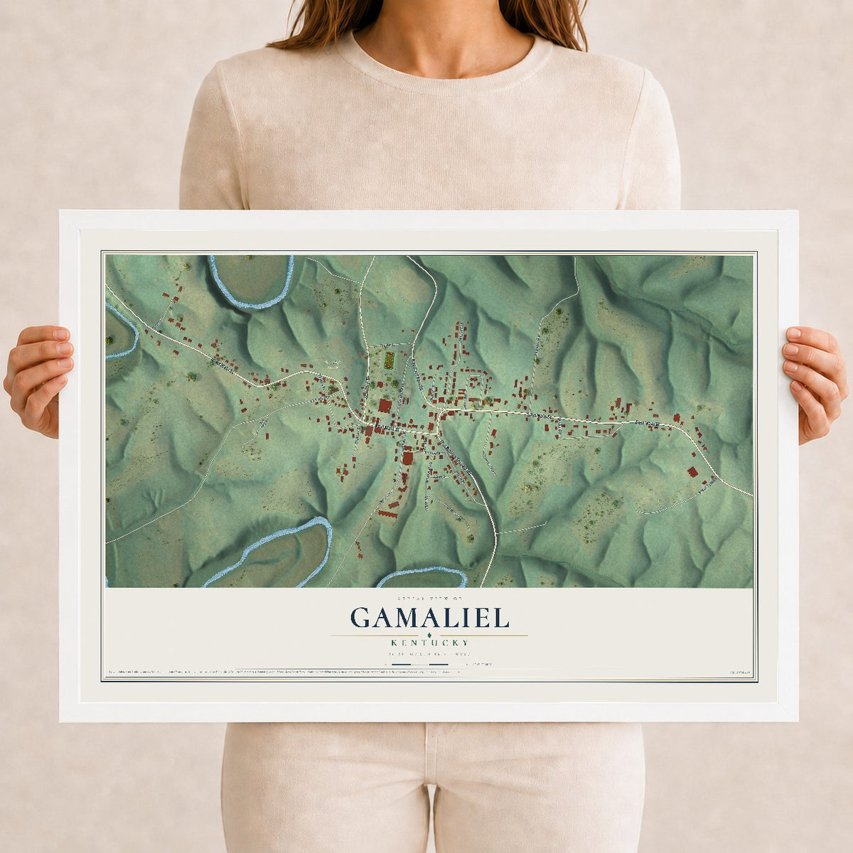 Map of Gamaliel, Kentucky, 12 x 18 inch print in a white wood frame