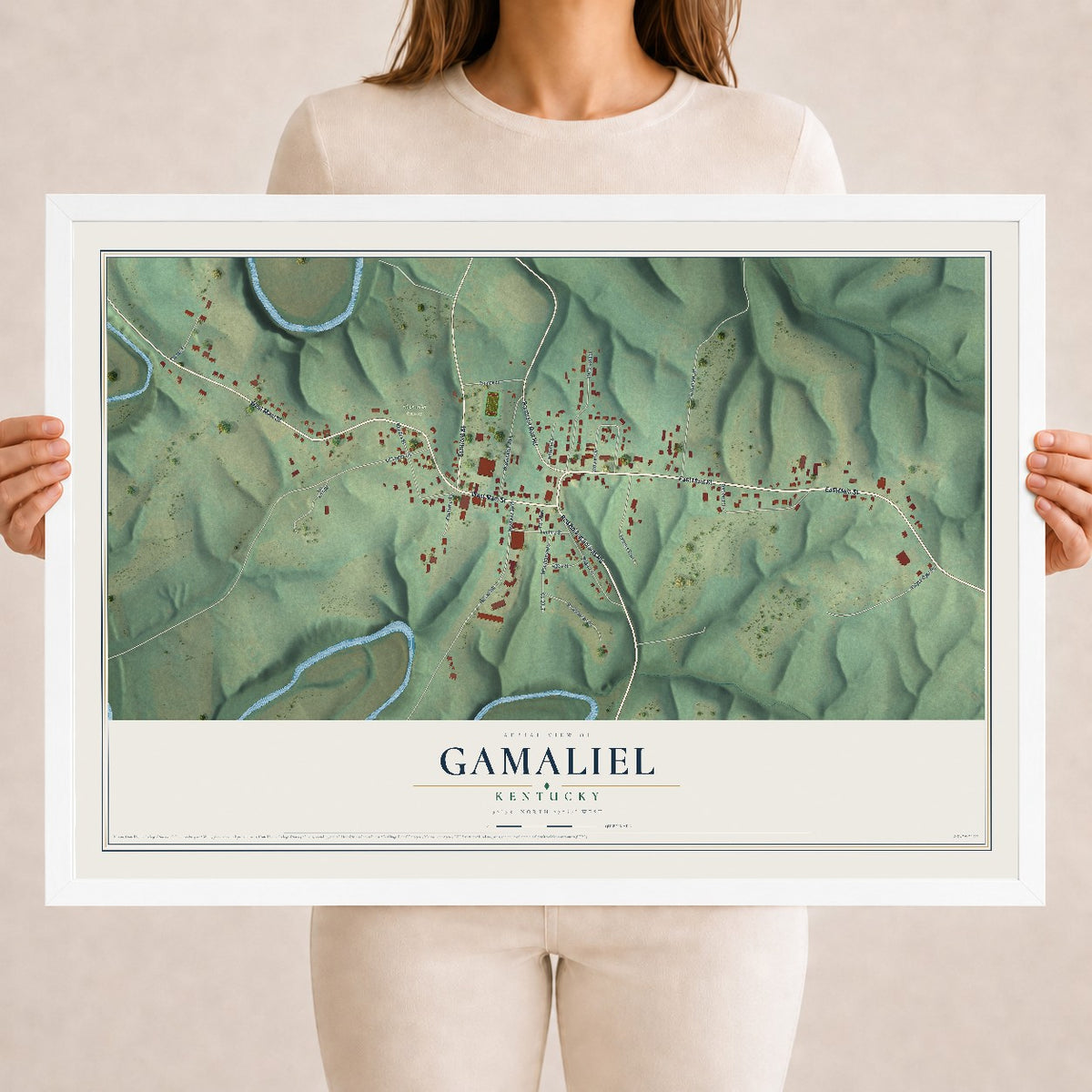 Map of Gamaliel, Kentucky, 18 x 24 inch print in a white wood frame
