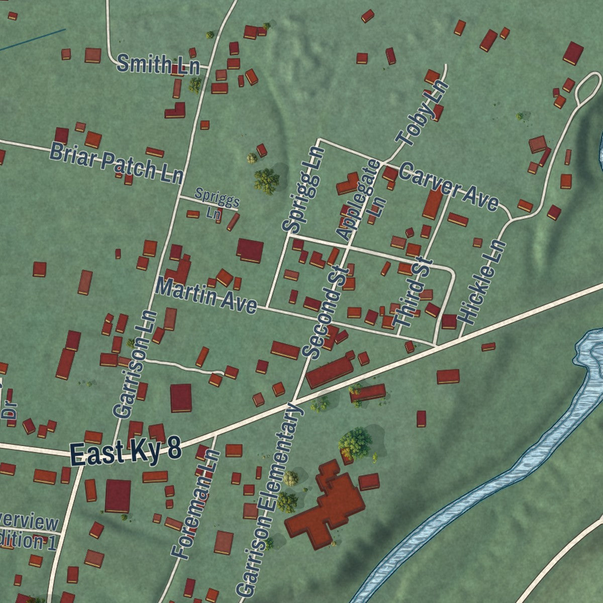 Close-up of the map of Garrison, Kentucky print showing street and building detail