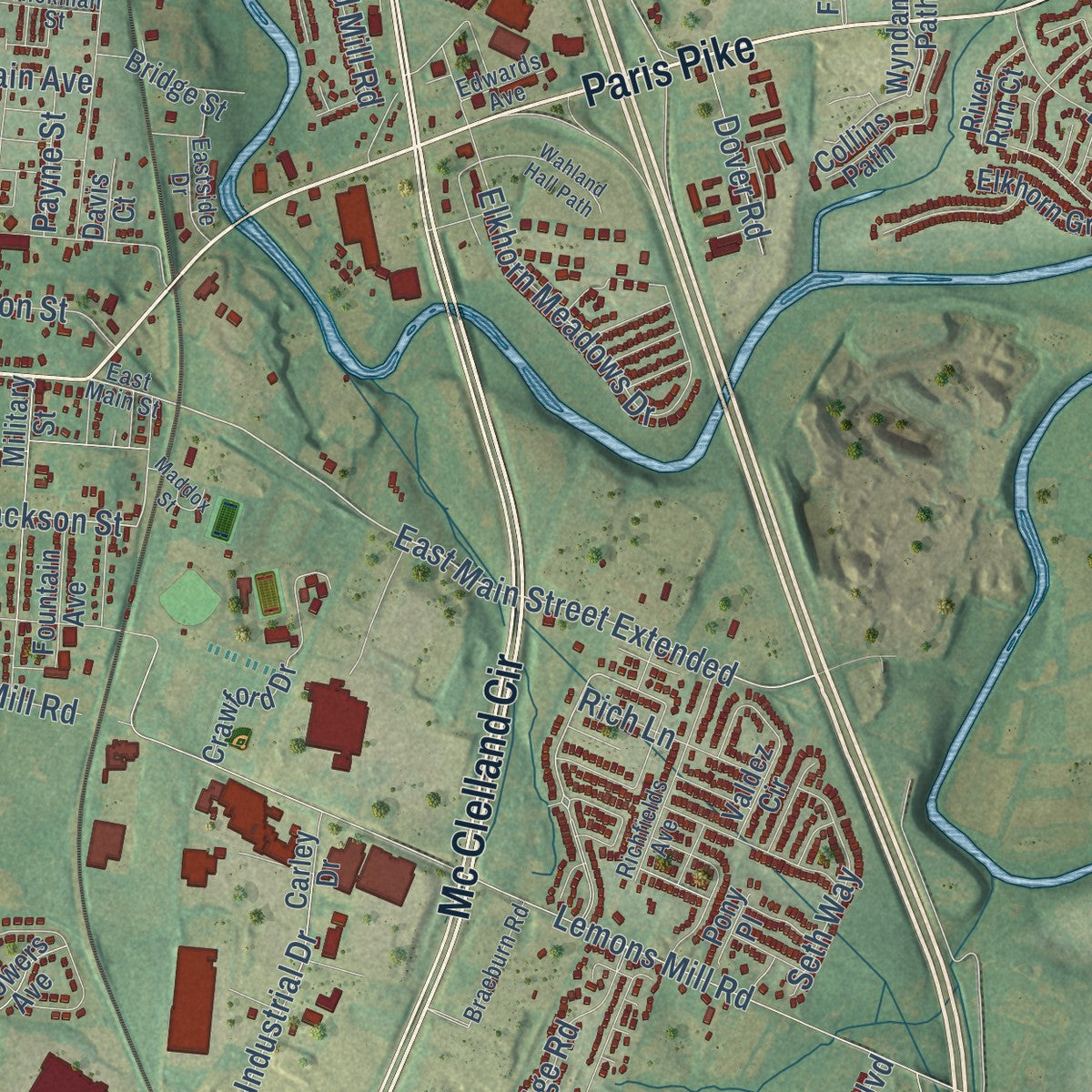 Second close-up of the map of Georgetown, Kentucky print showing more streets and buildings