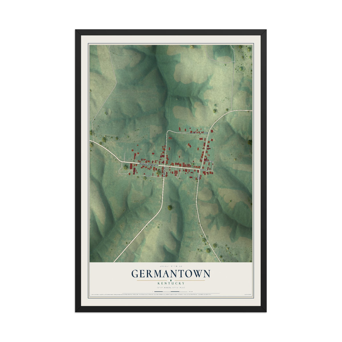 Map of Germantown, Kentucky, 12 x 18 inch print in a black wood frame