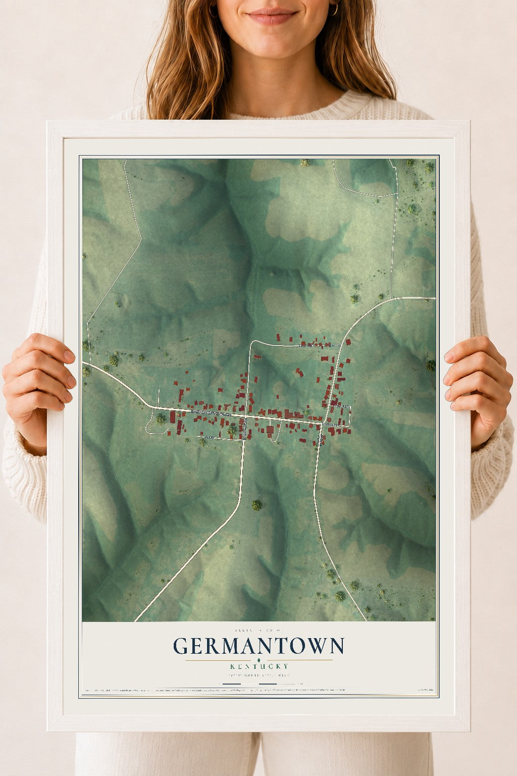Map of Germantown, Kentucky, 18 x 24 inch print in a white wood frame