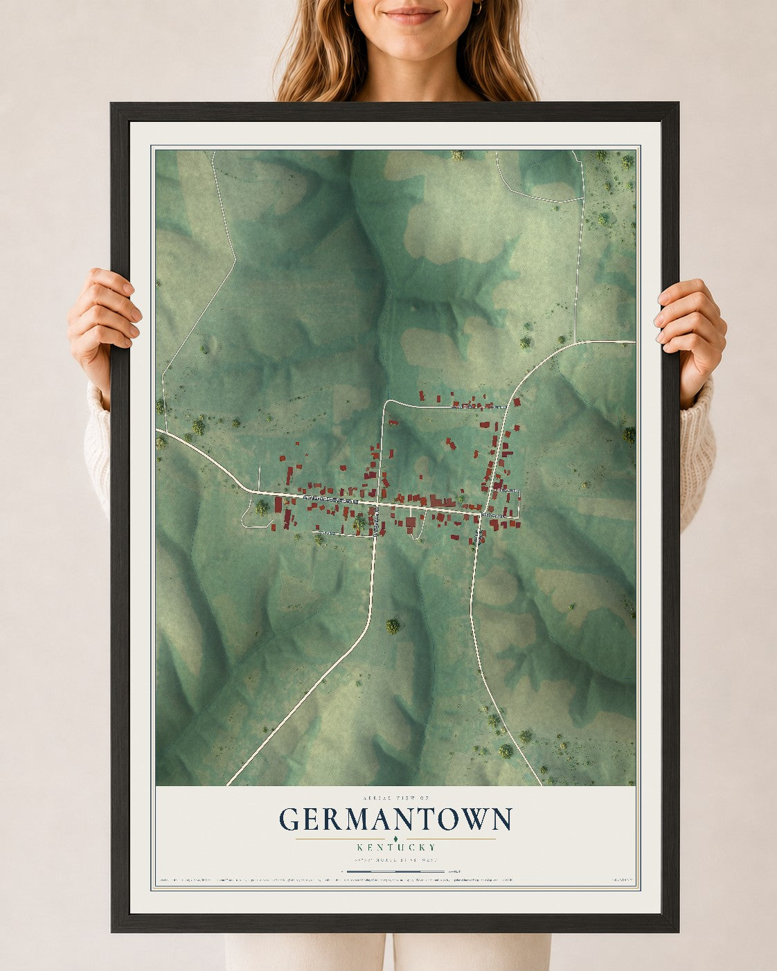 Map of Germantown, Kentucky, 24 x 36 inch print in a black wood frame