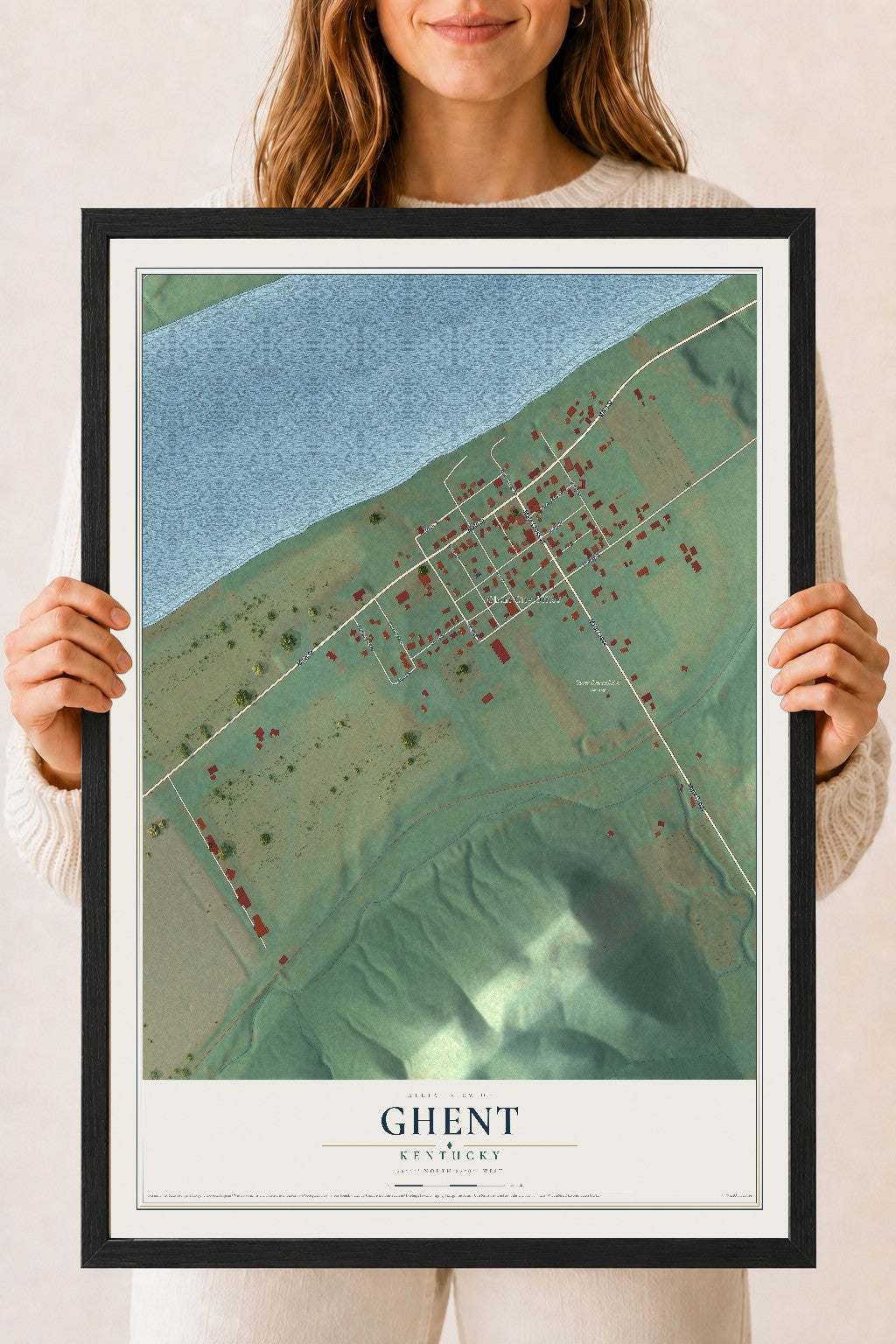 Map of Ghent, Kentucky, 18 x 24 inch print in a black wood frame