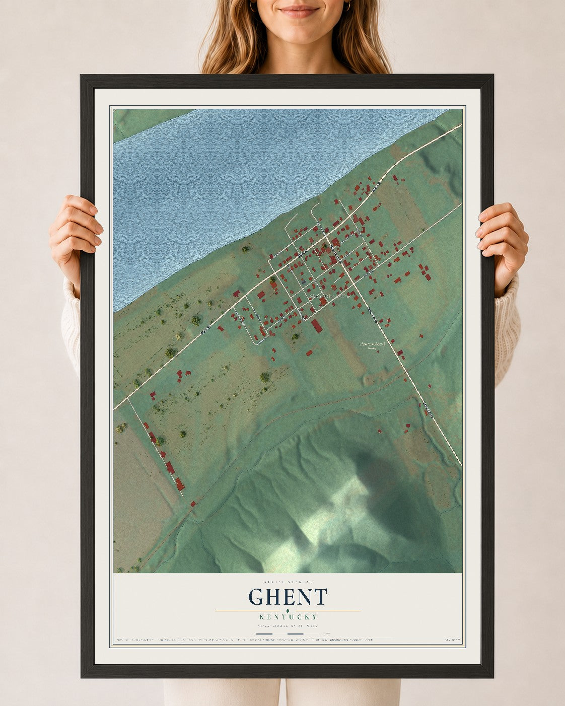 Map of Ghent, Kentucky, 24 x 36 inch print in a black wood frame