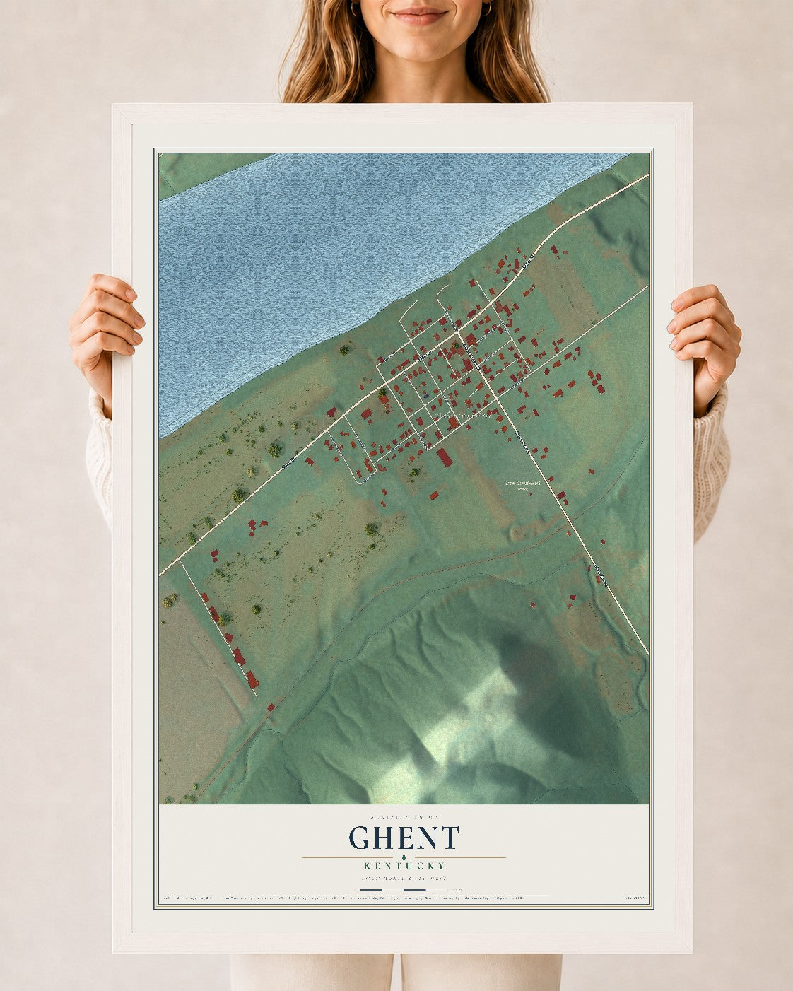 Map of Ghent, Kentucky, 24 x 36 inch print in a white wood frame