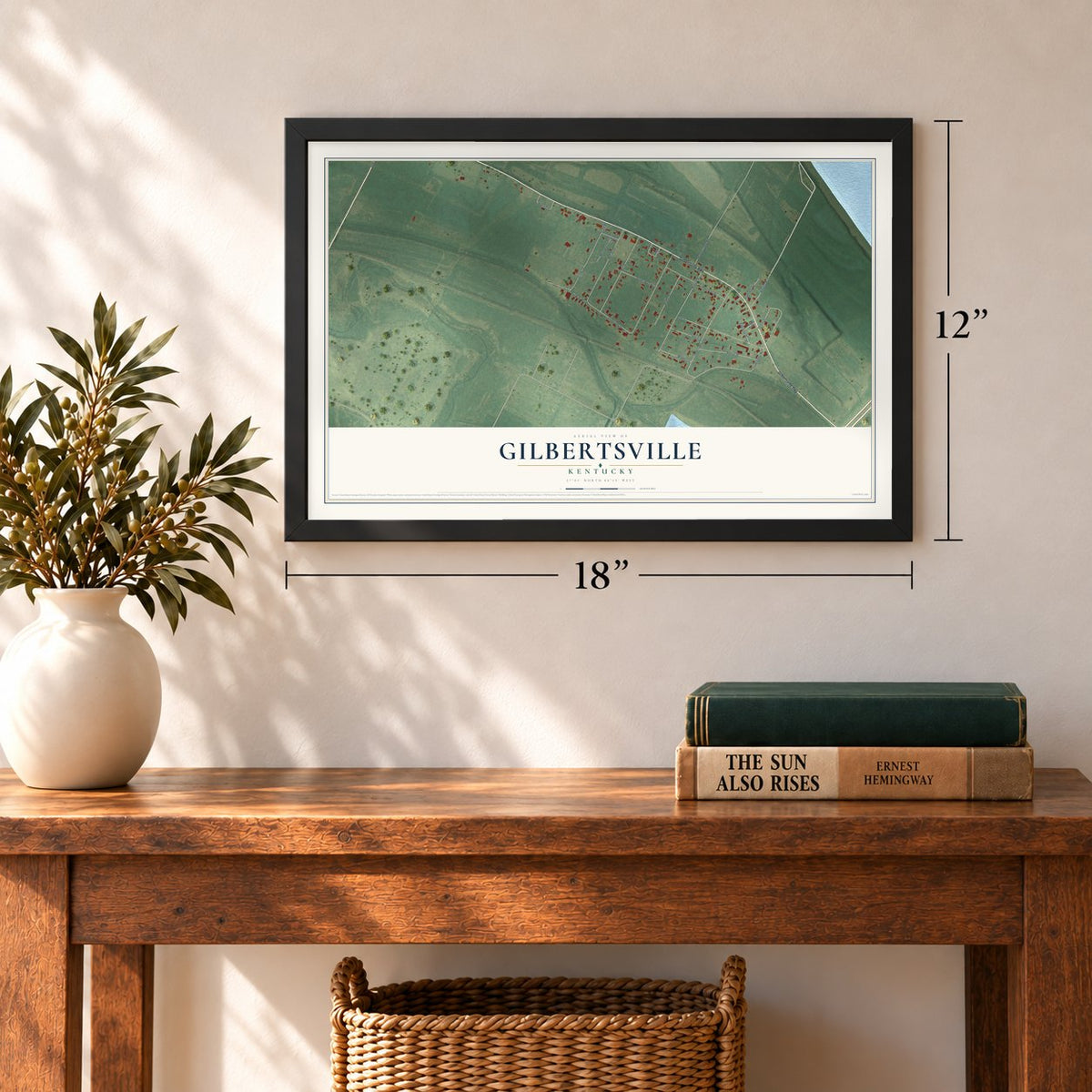 Gilbertsville, Kentucky map, 12 x 18 inch print in a black frame in an entryway