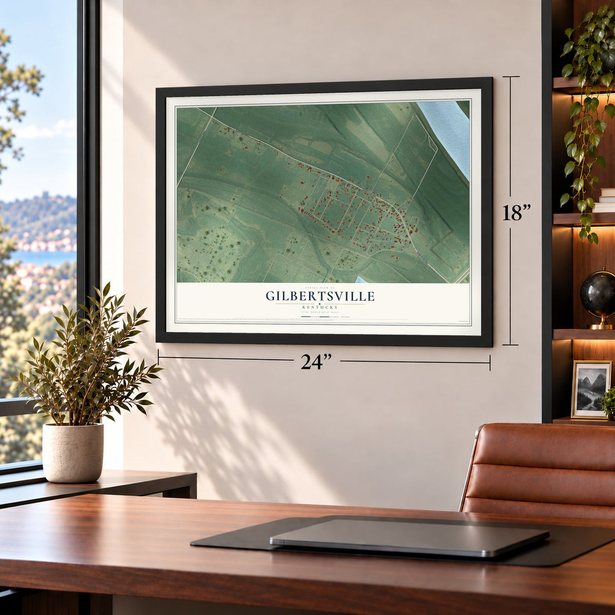 Gilbertsville, Kentucky map, 18 x 24 inch print in a black frame in a home office