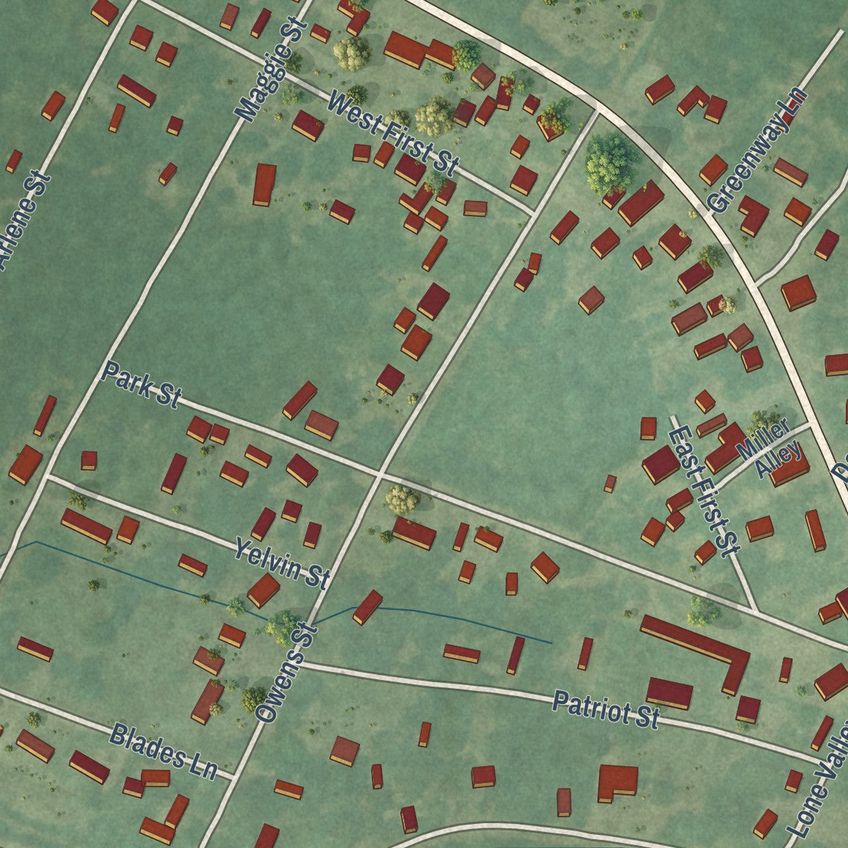 Close-up of the map of Gilbertsville, Kentucky print showing street and building detail