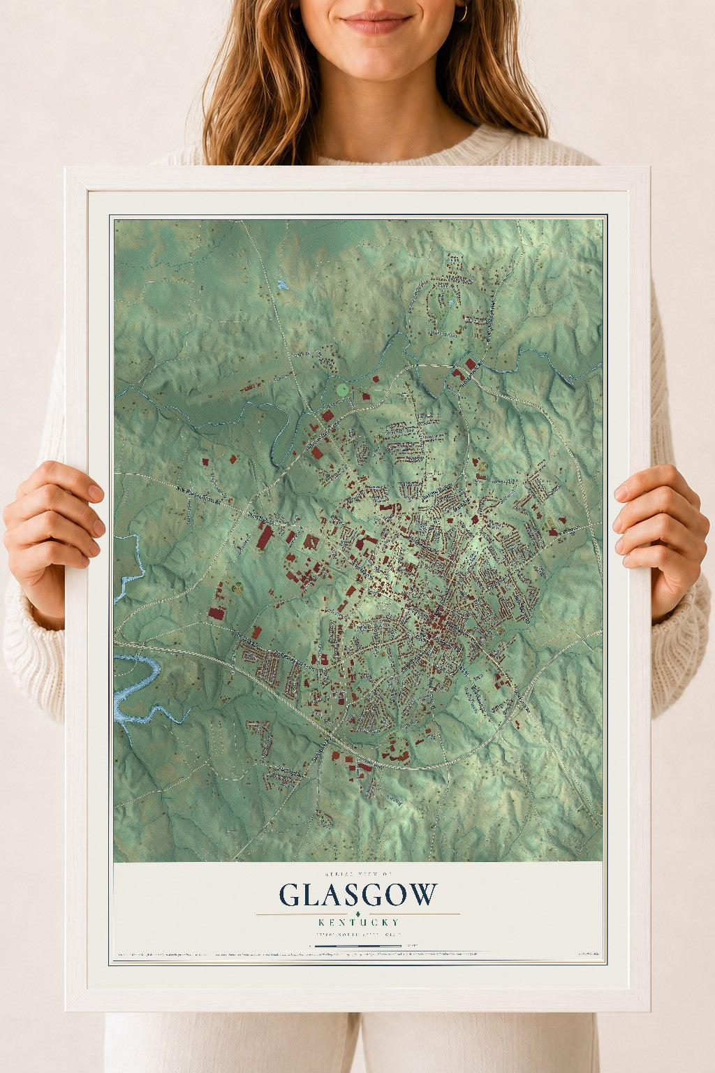 Map of Glasgow, Kentucky, 18 x 24 inch print in a white wood frame