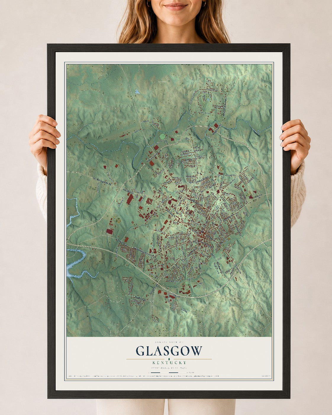 Map of Glasgow, Kentucky, 24 x 36 inch print in a black wood frame