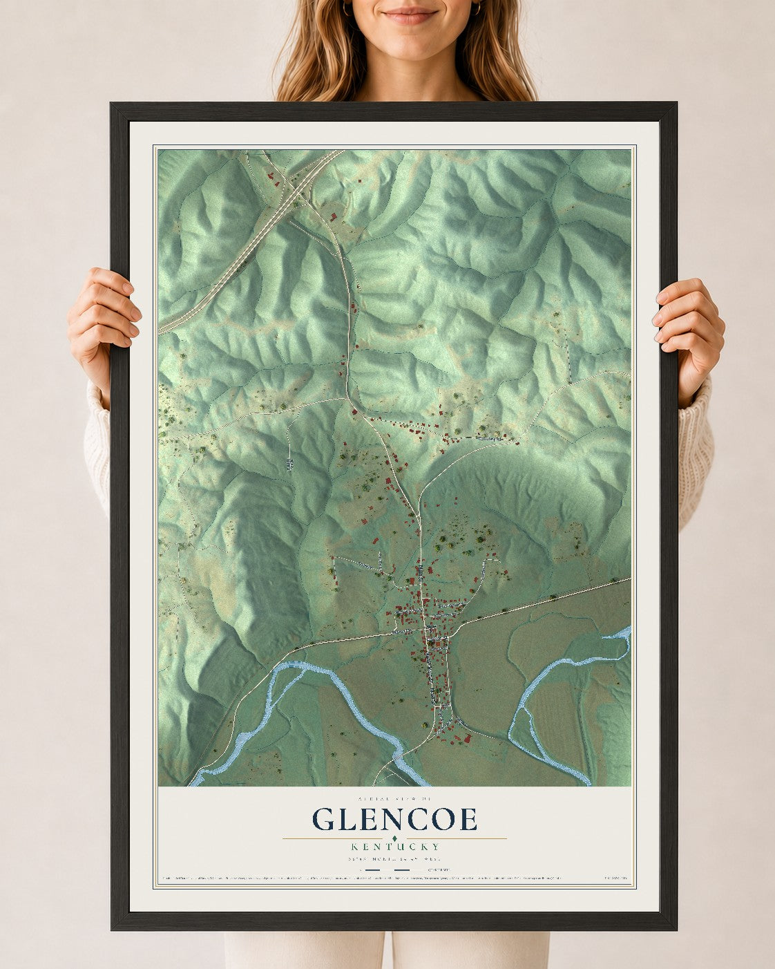 Map of Glencoe, Kentucky, 24 x 36 inch print in a black wood frame