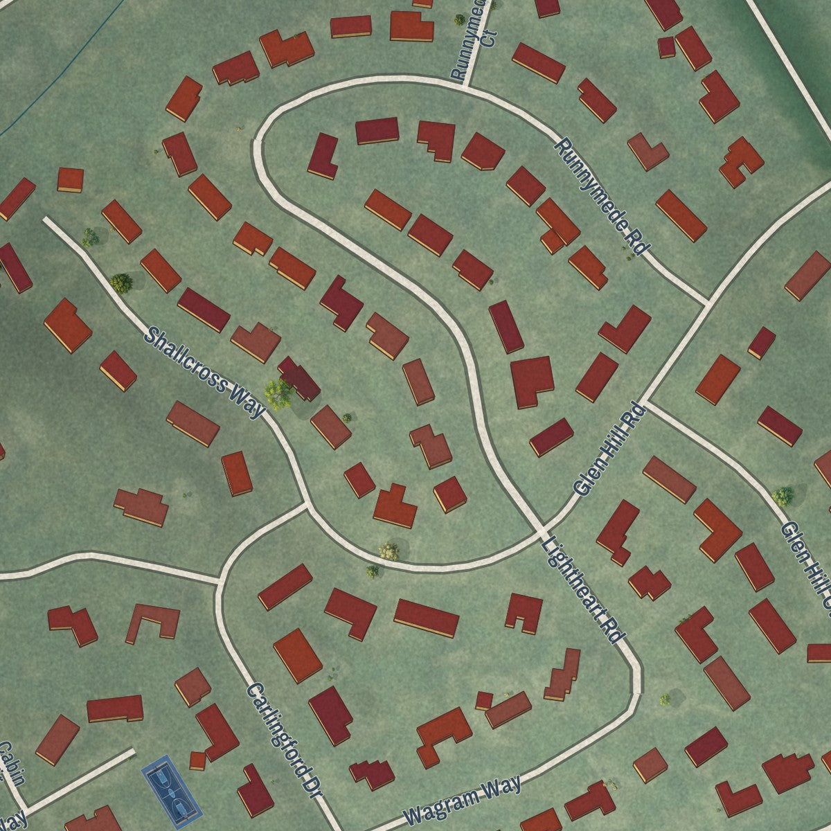 Close-up of the map of Glenview Hills, Kentucky print showing street and building detail