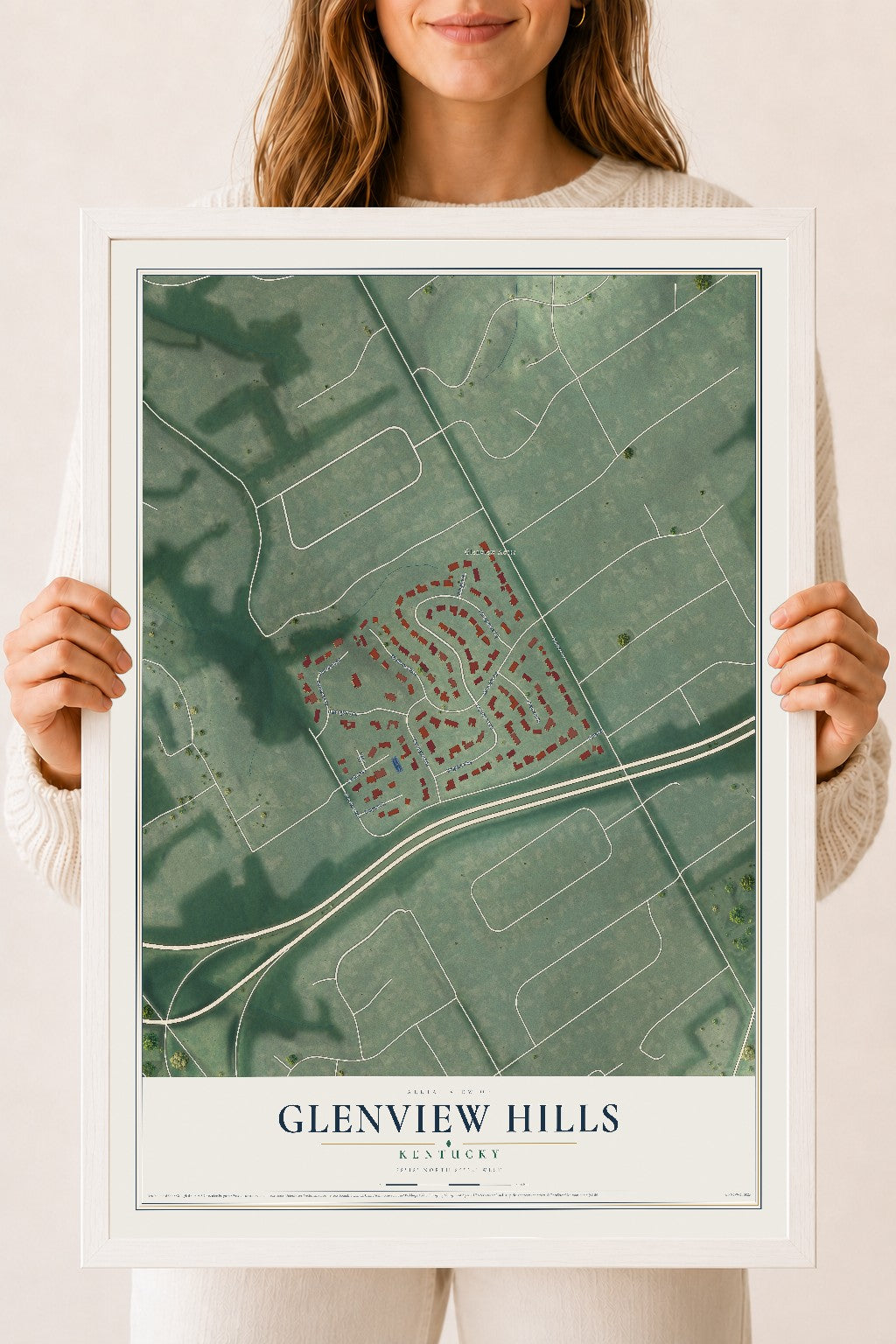 Map of Glenview Hills, Kentucky, 18 x 24 inch print in a white wood frame