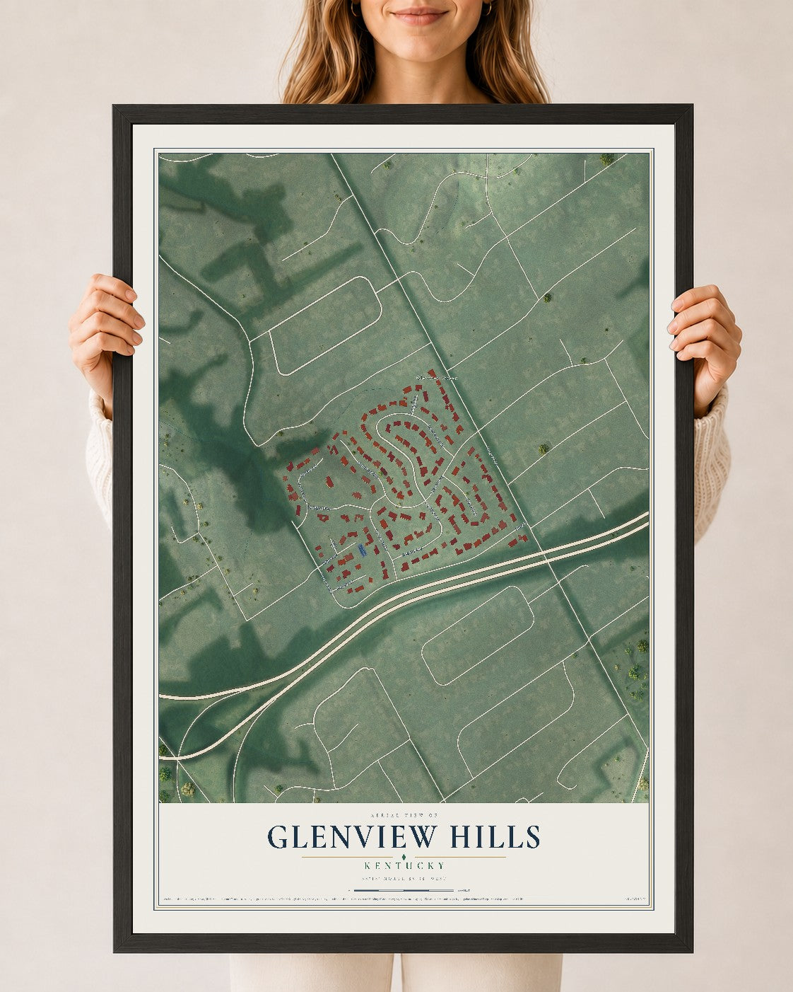 Map of Glenview Hills, Kentucky, 24 x 36 inch print in a black wood frame
