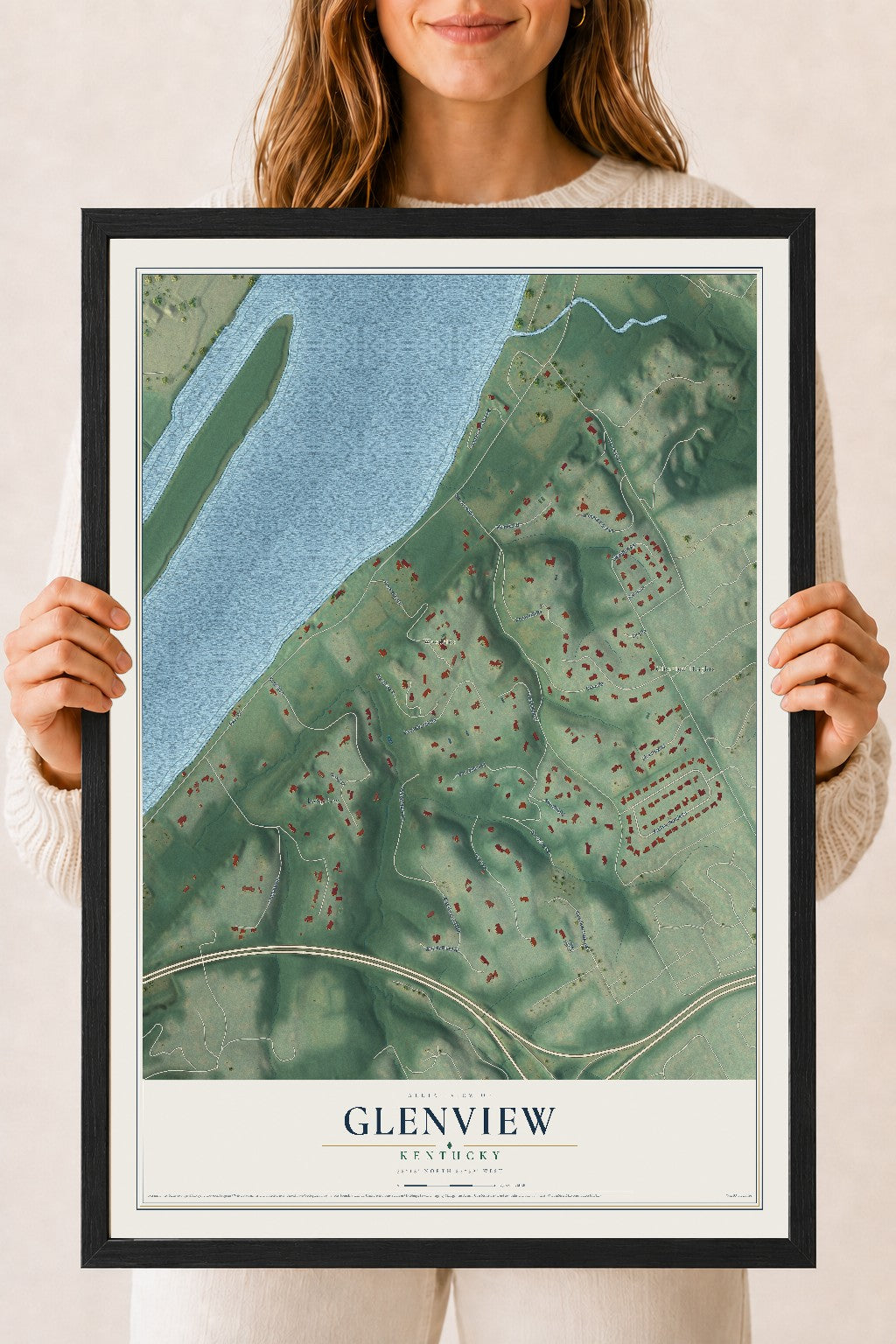 Map of Glenview, Kentucky, 18 x 24 inch print in a black wood frame