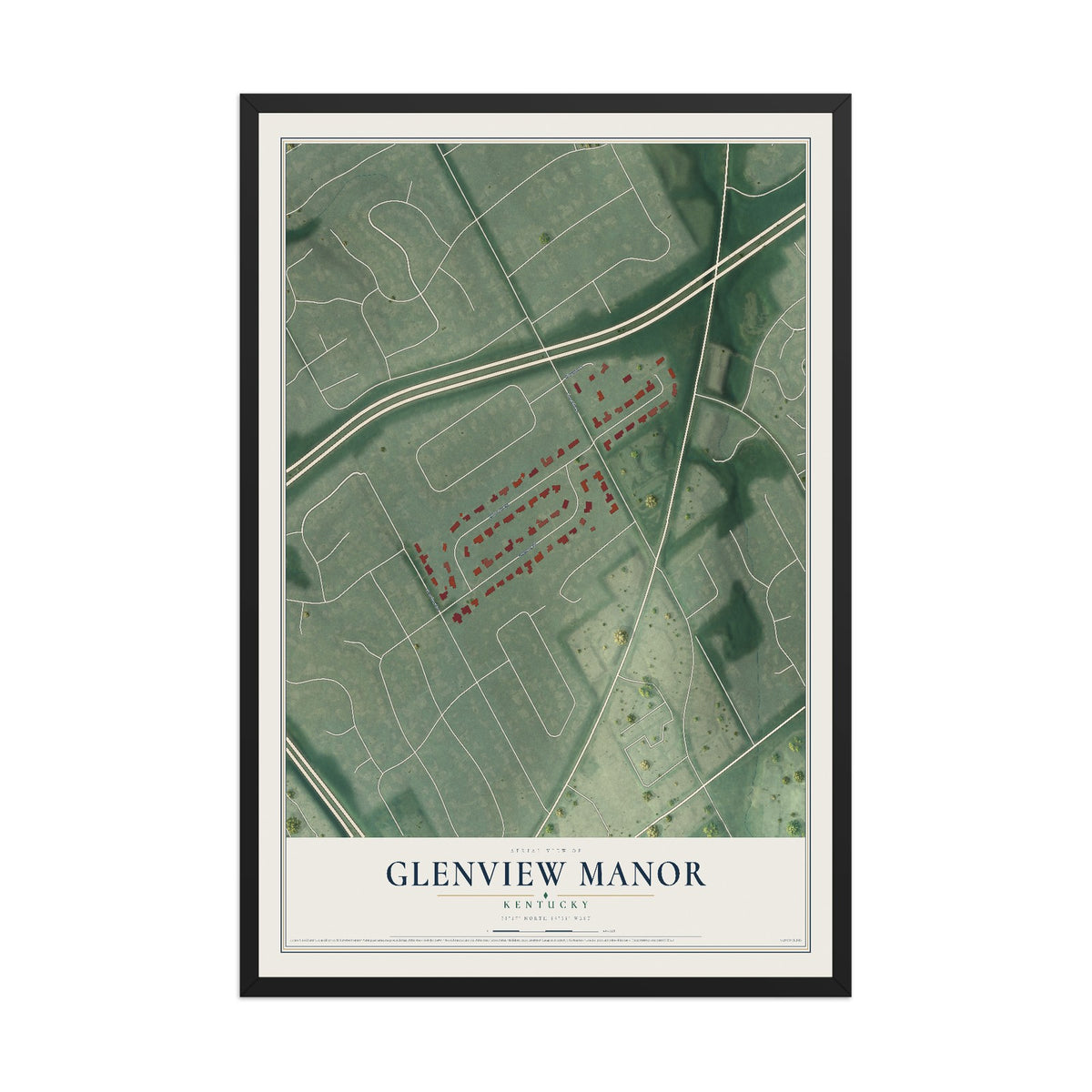 Map of Glenview Manor, Kentucky, 12 x 18 inch print in a black wood frame