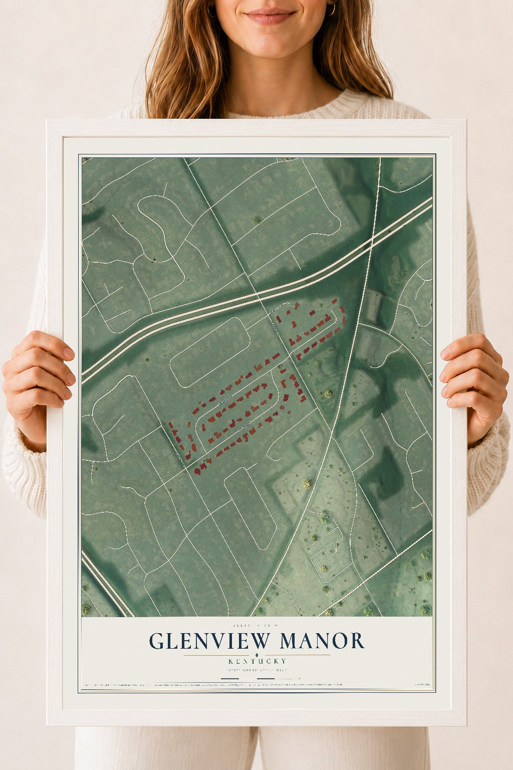 Map of Glenview Manor, Kentucky, 18 x 24 inch print in a white wood frame
