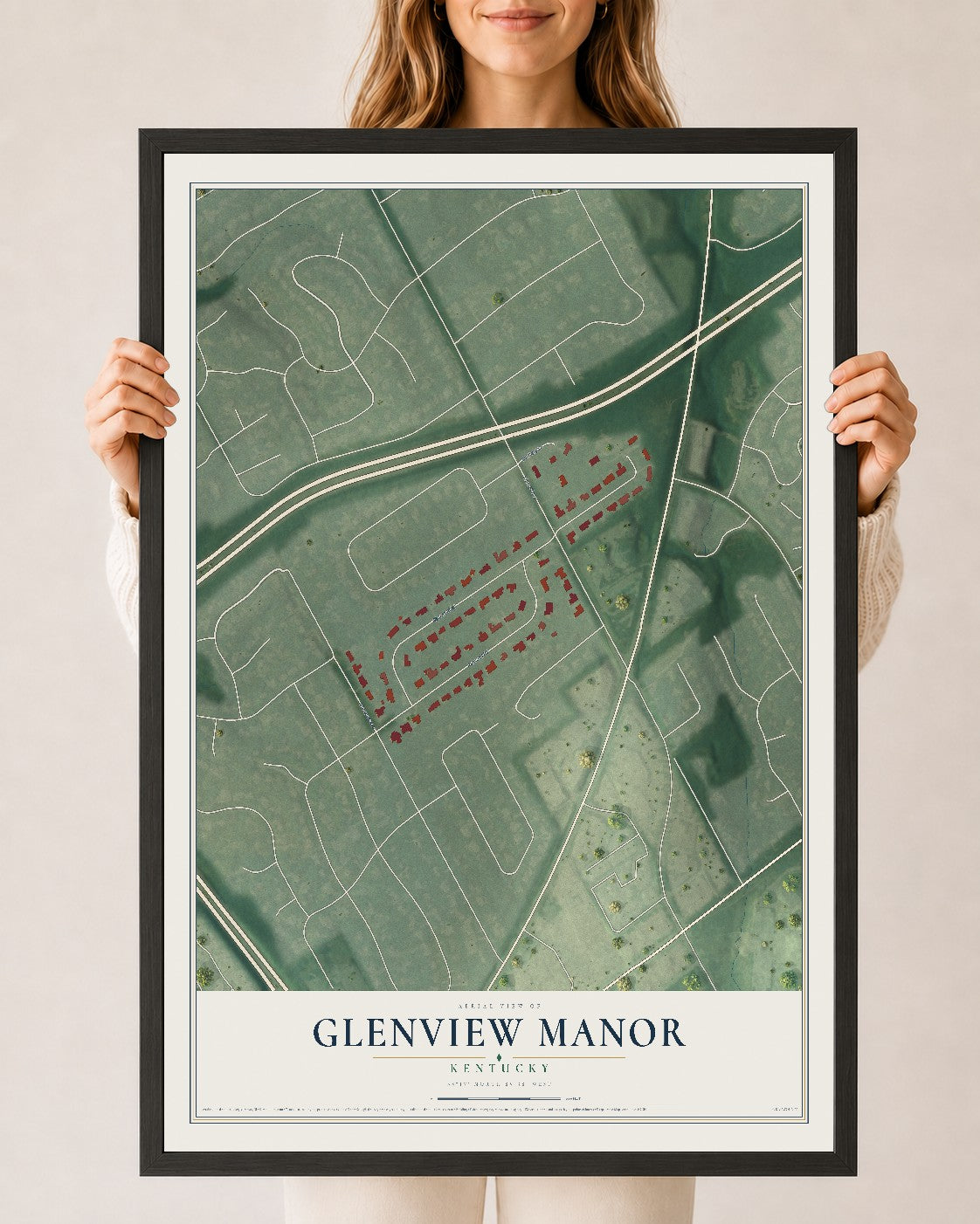 Map of Glenview Manor, Kentucky, 24 x 36 inch print in a black wood frame