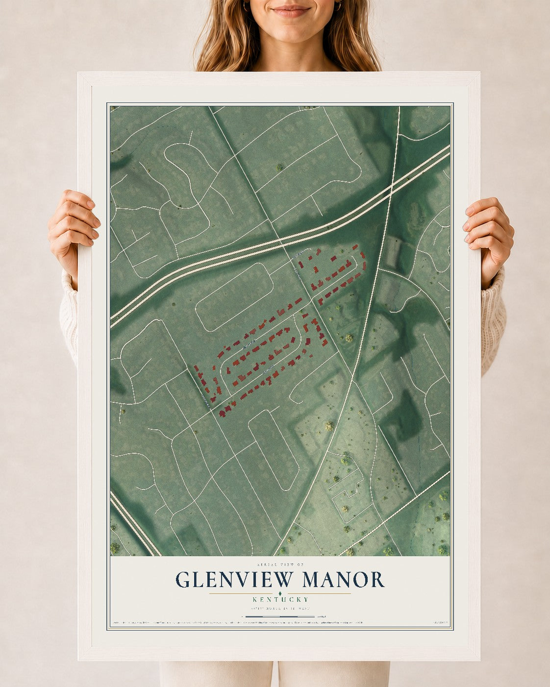 Map of Glenview Manor, Kentucky, 24 x 36 inch print in a white wood frame