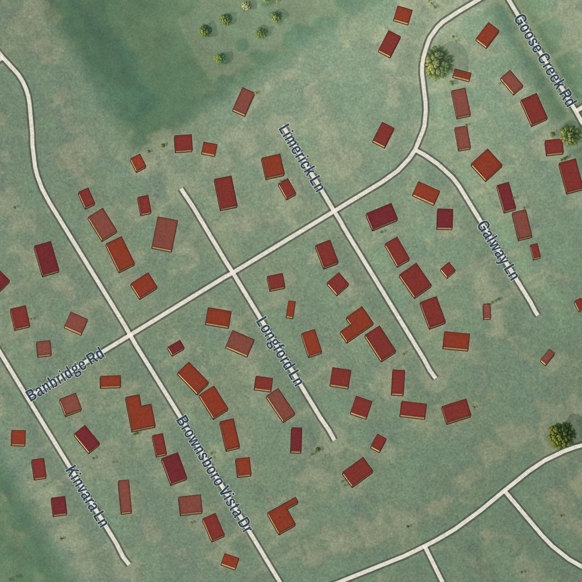Close-up of the map of Goose Creek, Kentucky print showing street and building detail