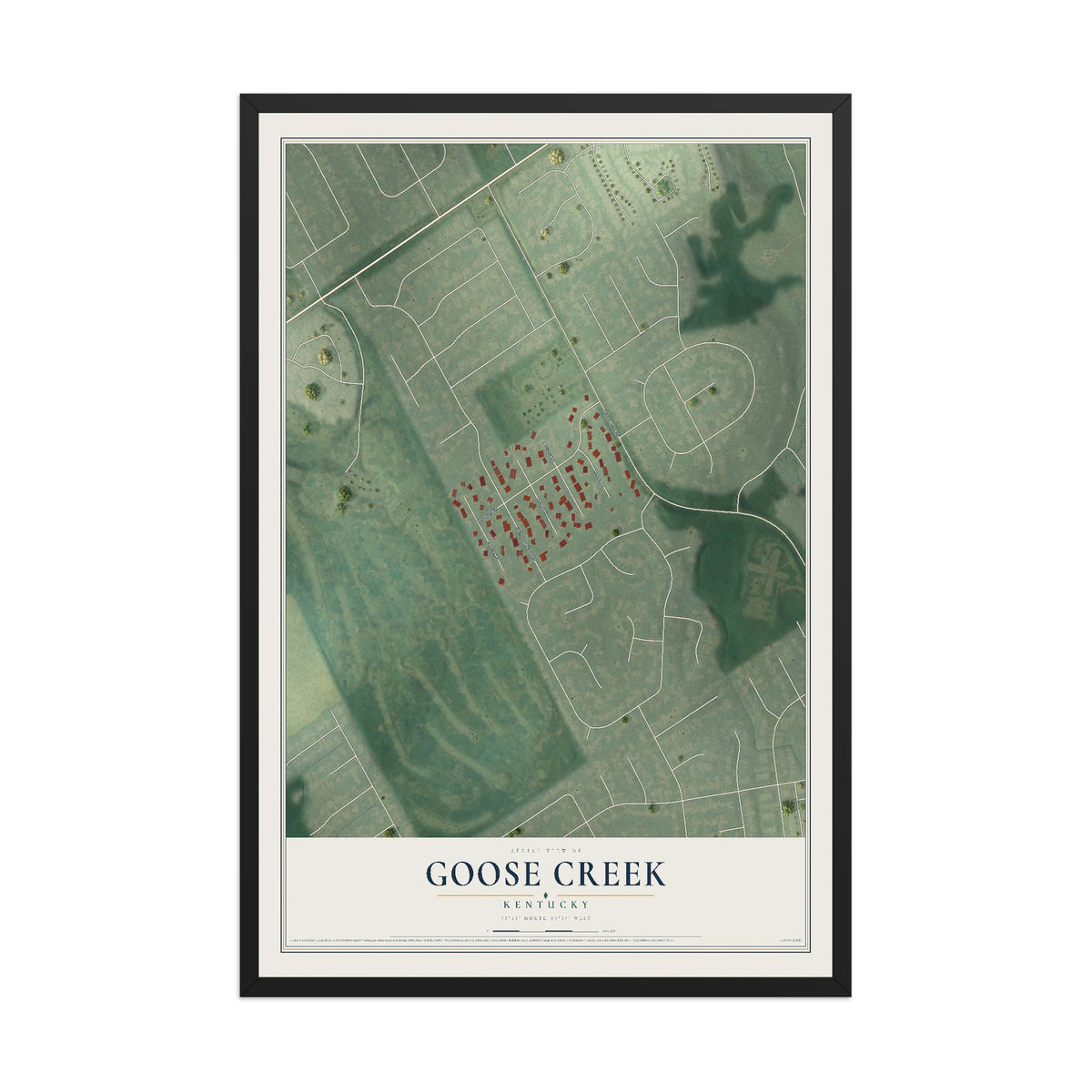 Map of Goose Creek, Kentucky, 12 x 18 inch print in a black wood frame