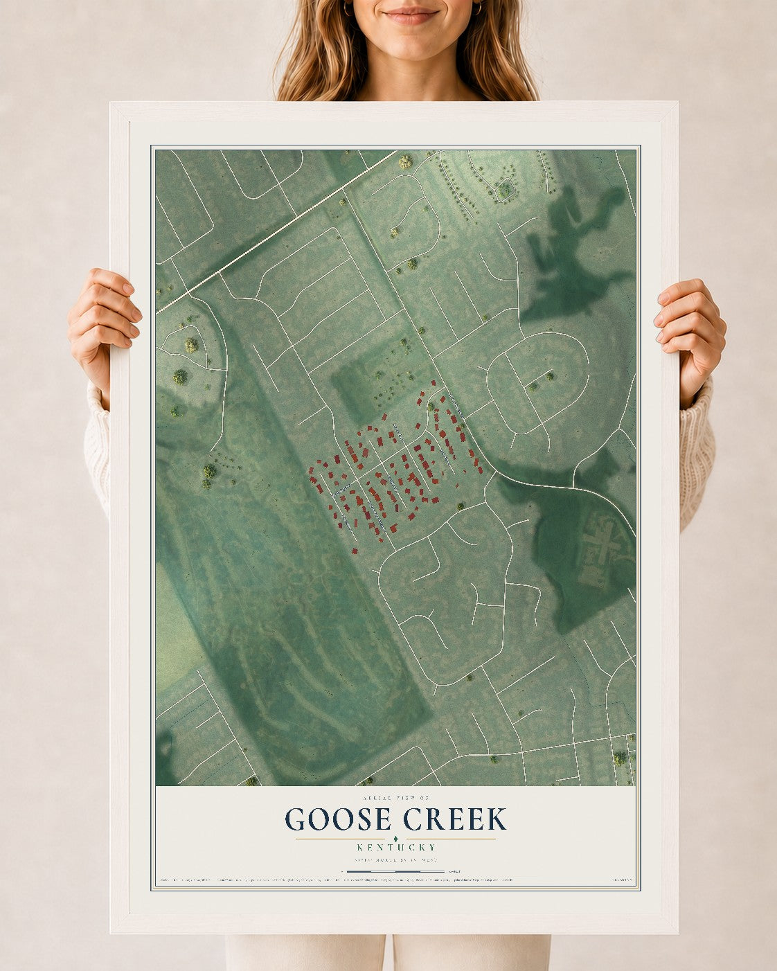 Map of Goose Creek, Kentucky, 24 x 36 inch print in a white wood frame
