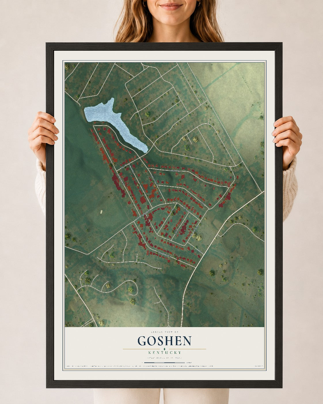 Map of Goshen, Kentucky, 24 x 36 inch print in a black wood frame