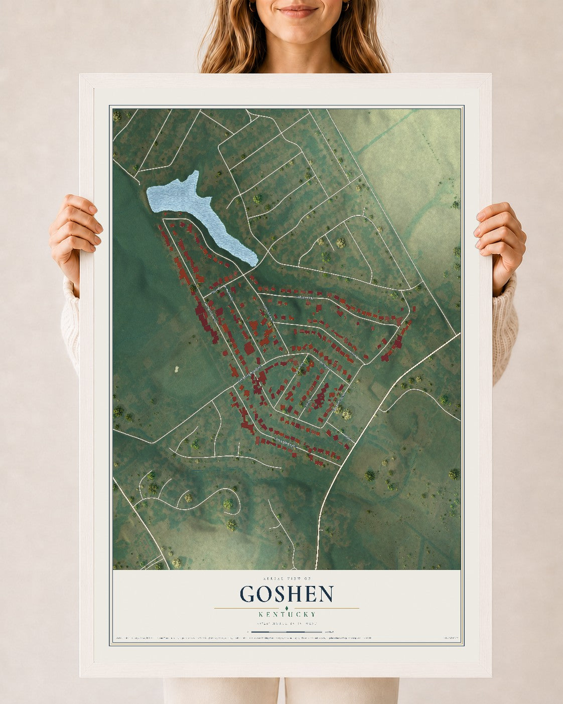 Map of Goshen, Kentucky, 24 x 36 inch print in a white wood frame