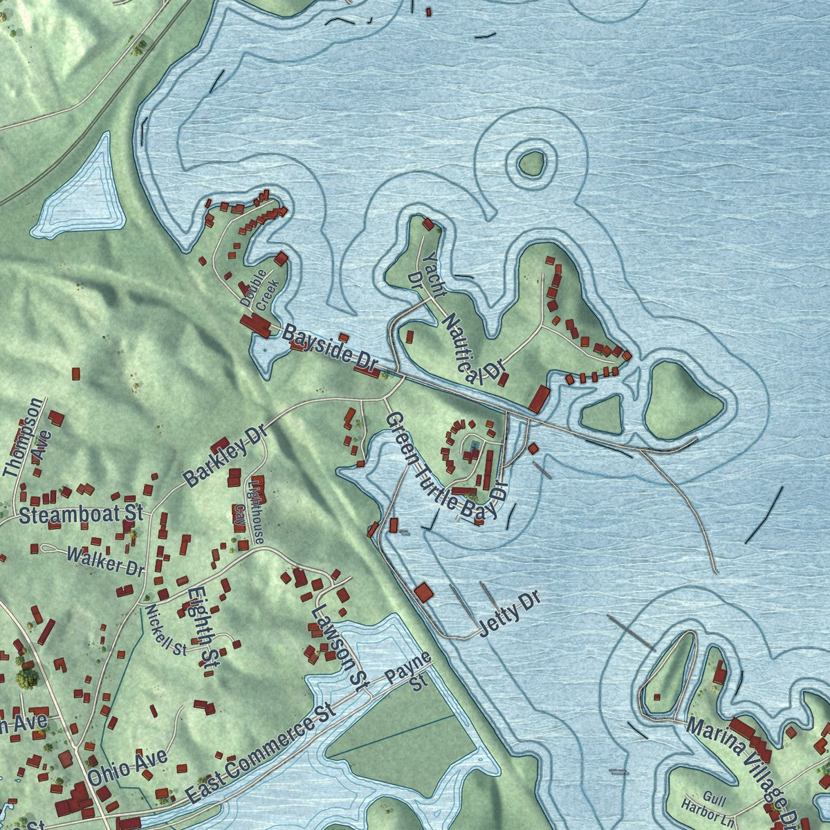 Close-up of the map of Grand Rivers, Kentucky print showing street and building detail