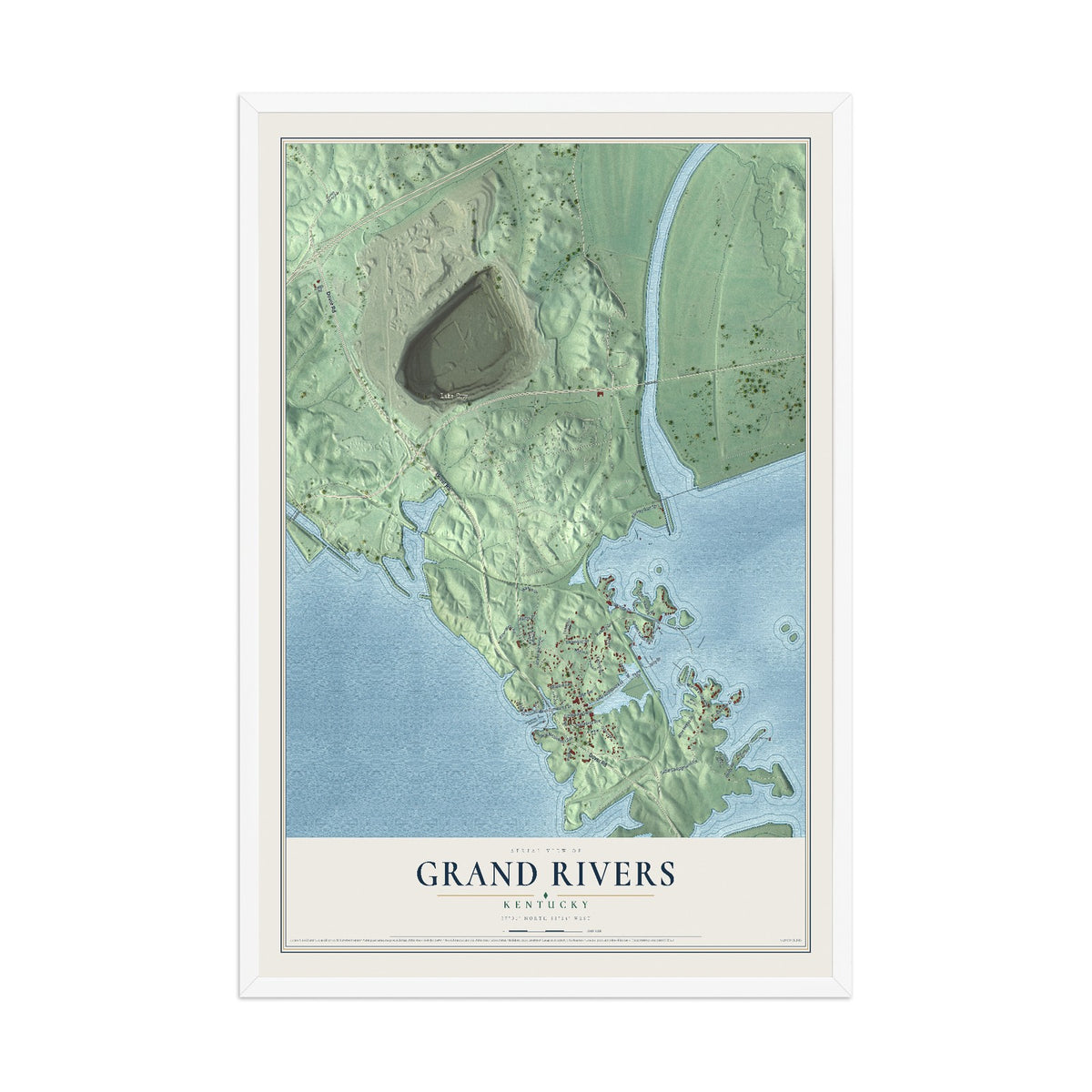 Map of Grand Rivers, Kentucky, 12 x 18 inch print in a white wood frame