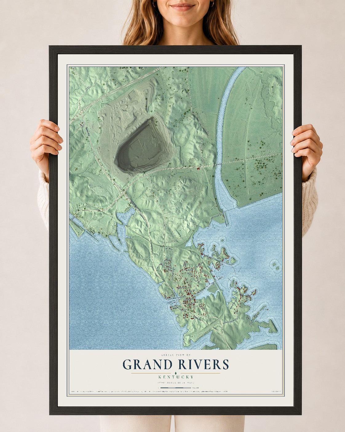 Map of Grand Rivers, Kentucky, 24 x 36 inch print in a black wood frame
