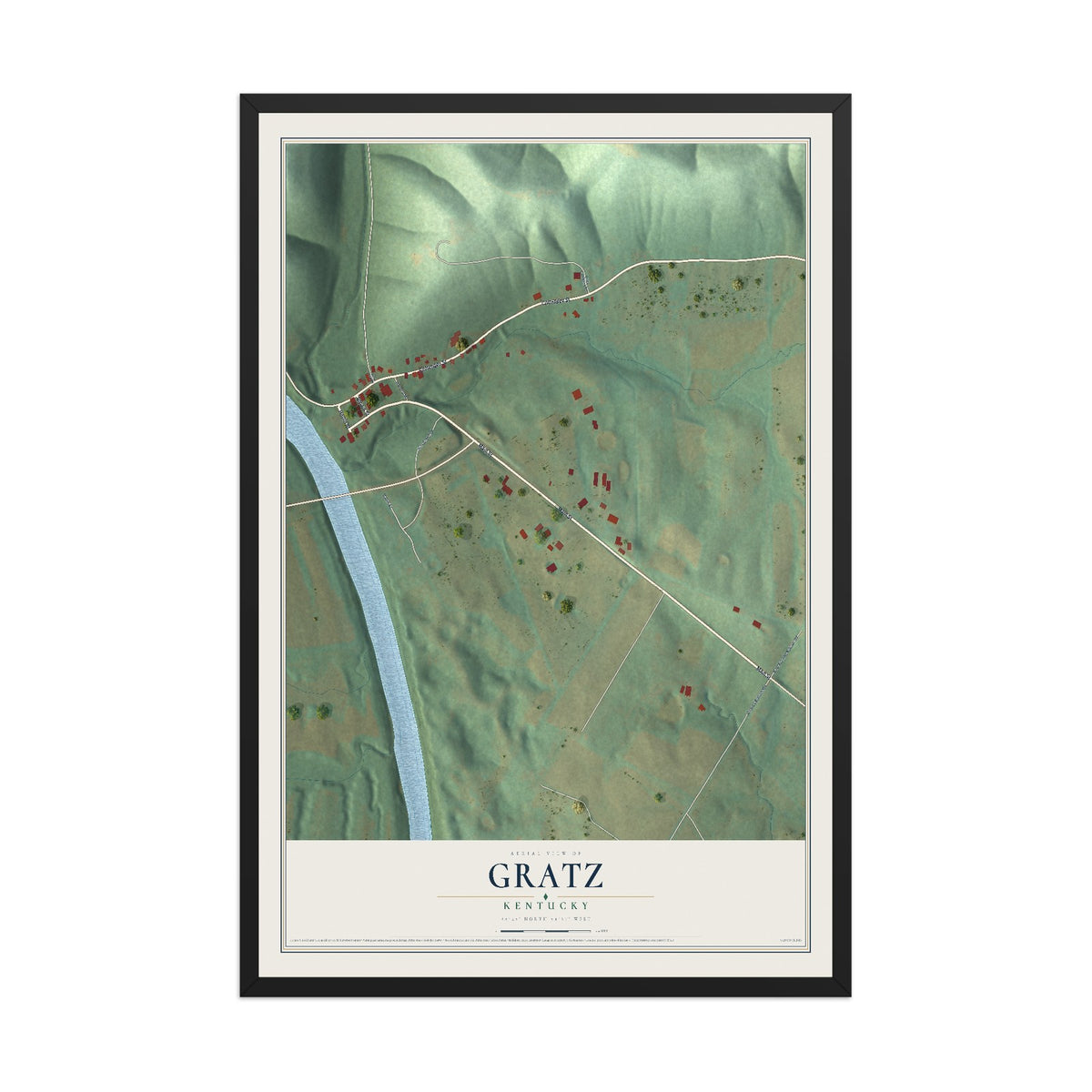 Map of Gratz, Kentucky, 12 x 18 inch print in a black wood frame