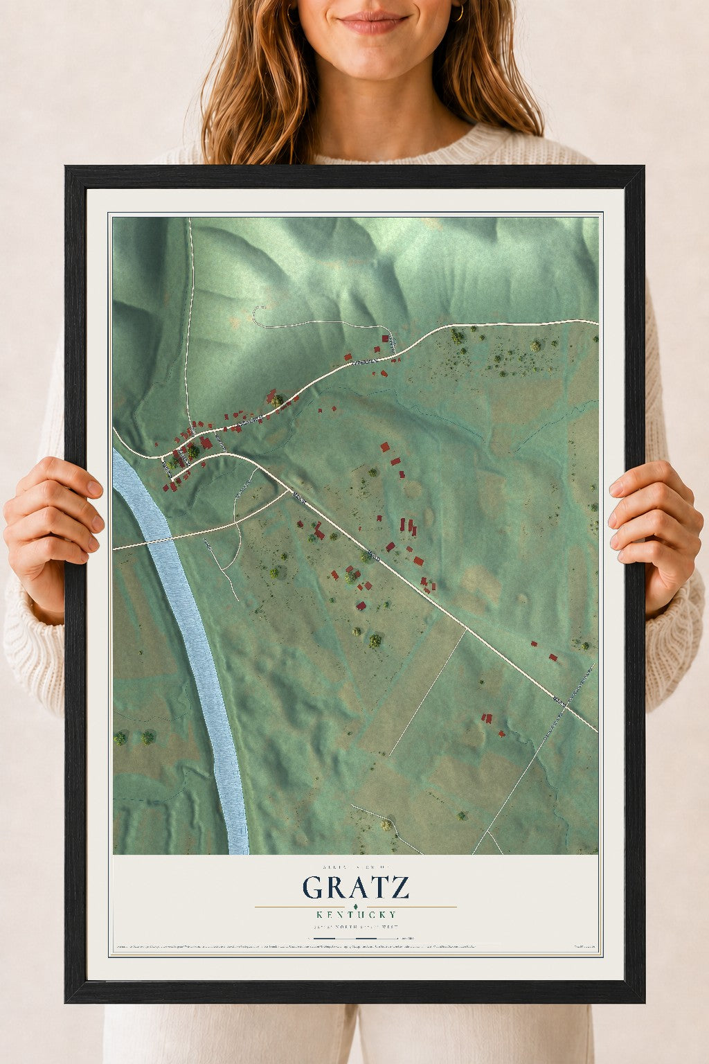 Map of Gratz, Kentucky, 18 x 24 inch print in a black wood frame