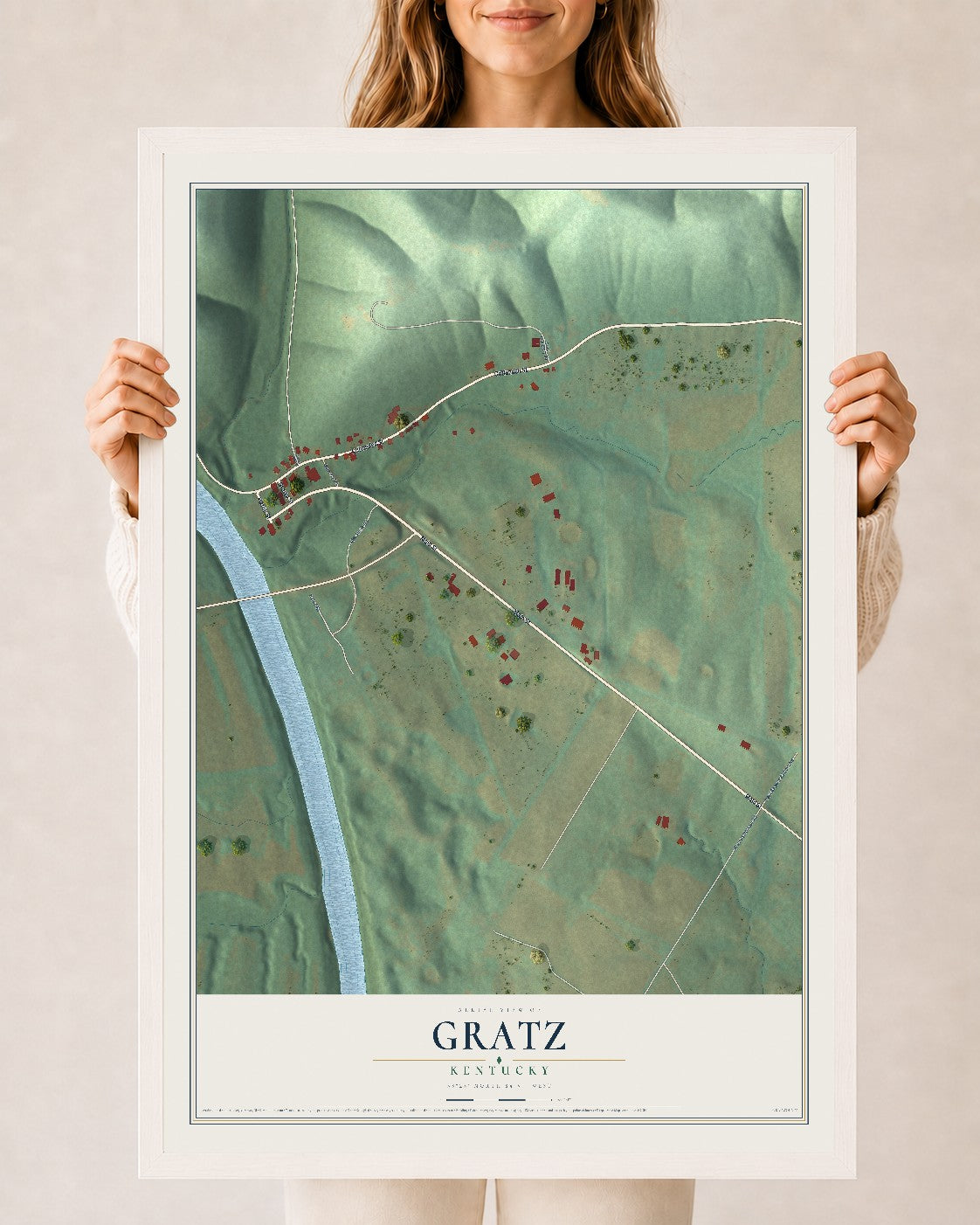 Map of Gratz, Kentucky, 24 x 36 inch print in a white wood frame