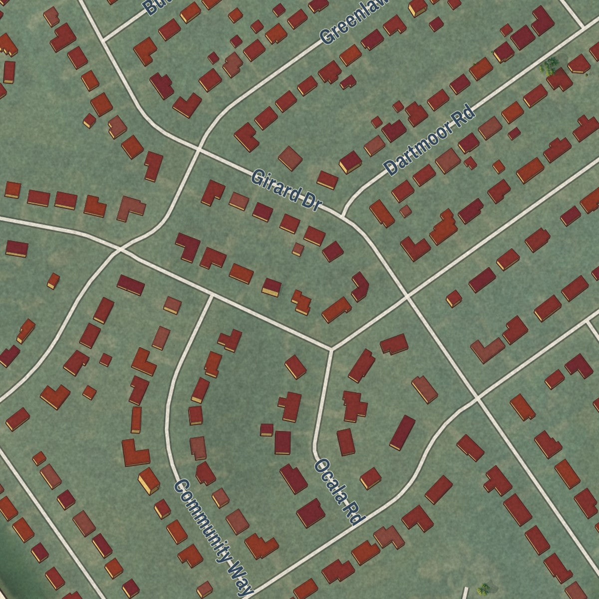 Second close-up of the map of Graymoor-Devondale, Kentucky print showing more streets and buildings