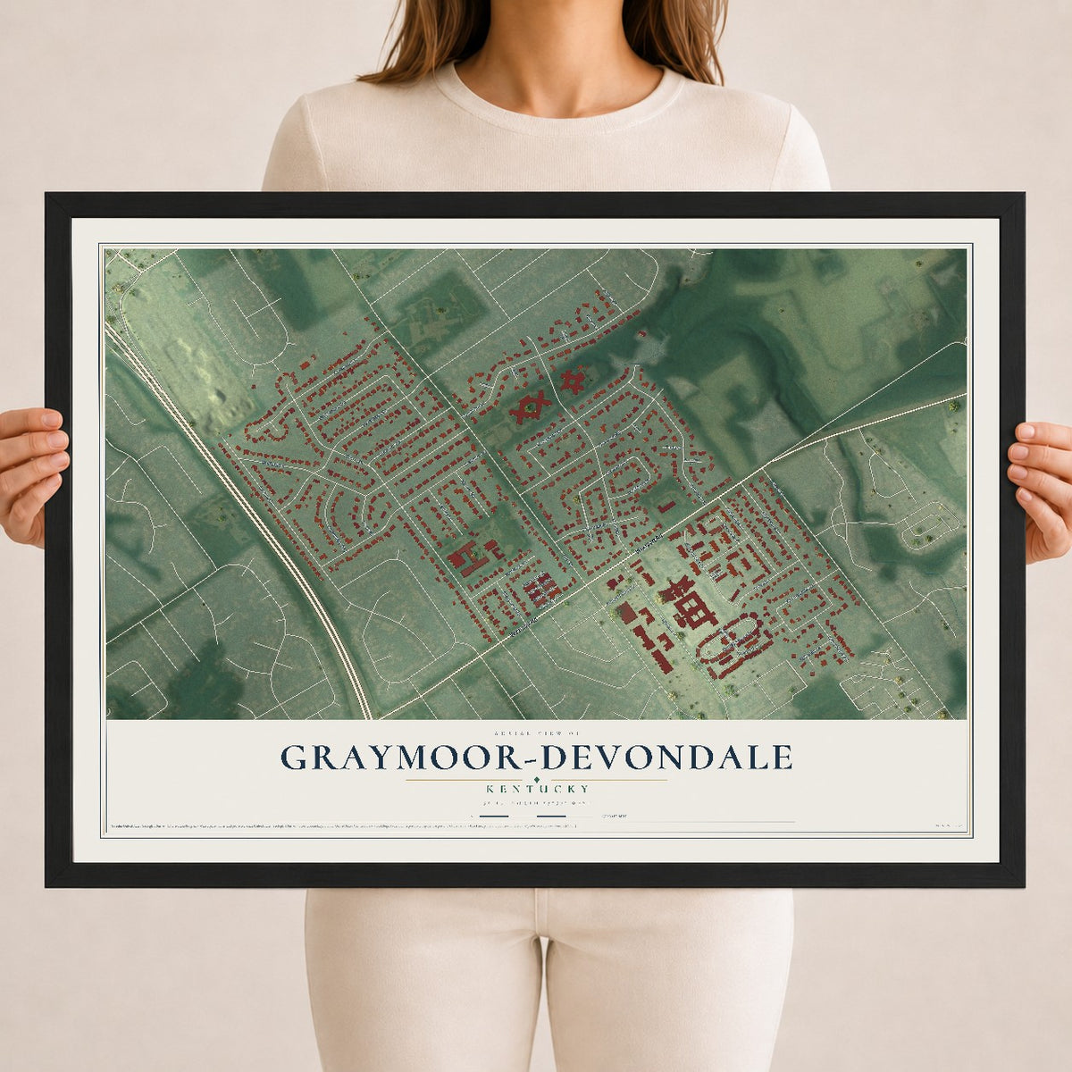 Map of Graymoor-Devondale, Kentucky, 18 x 24 inch print in a black wood frame