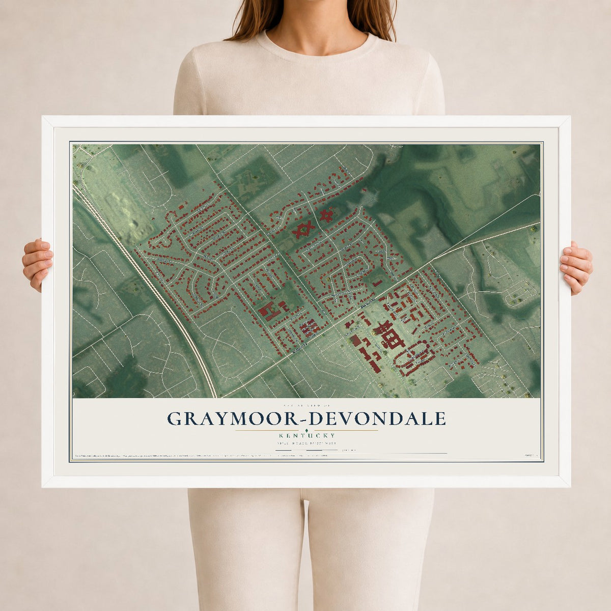 Map of Graymoor-Devondale, Kentucky, 24 x 36 inch print in a white wood frame