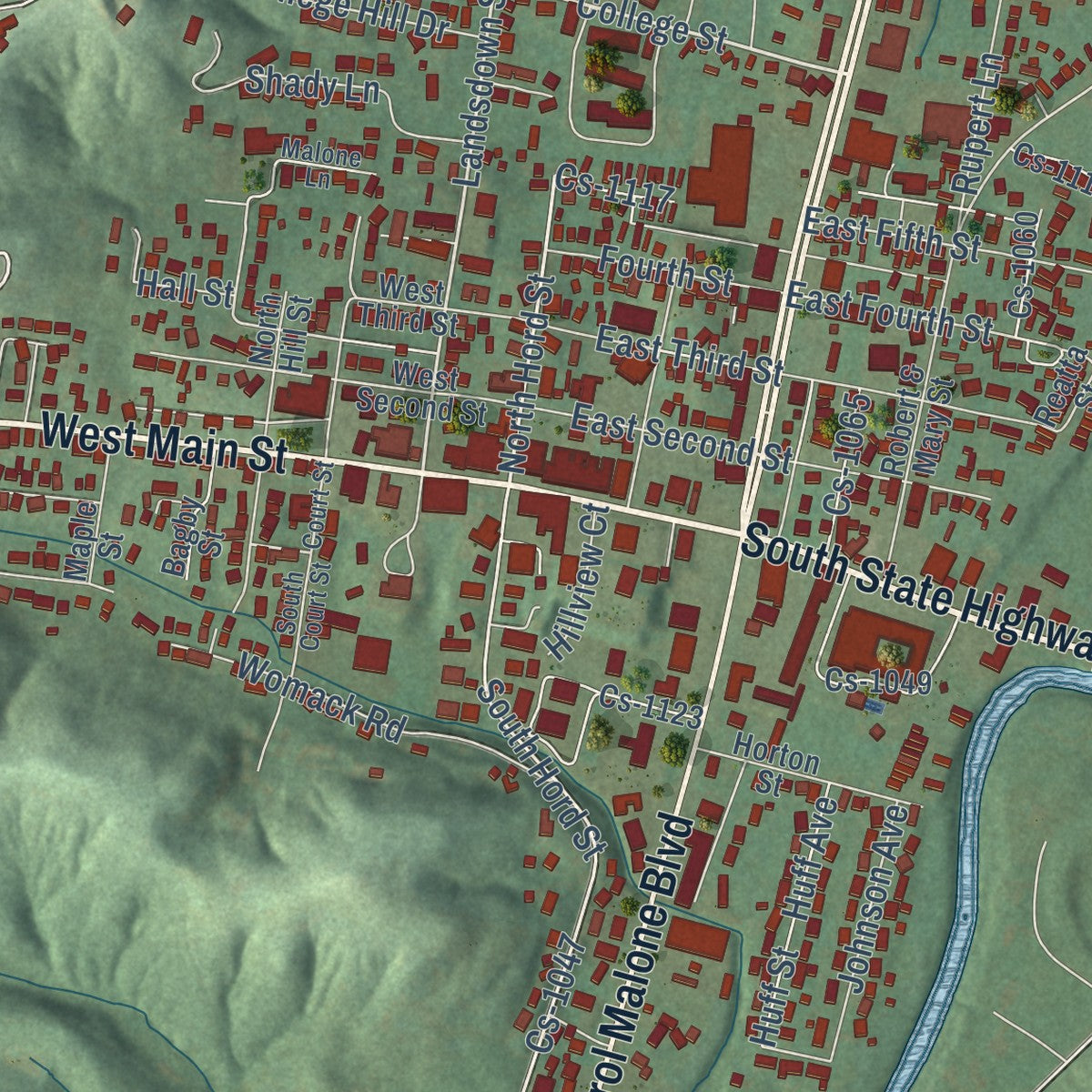 Close-up of the map of Grayson, Kentucky print showing street and building detail