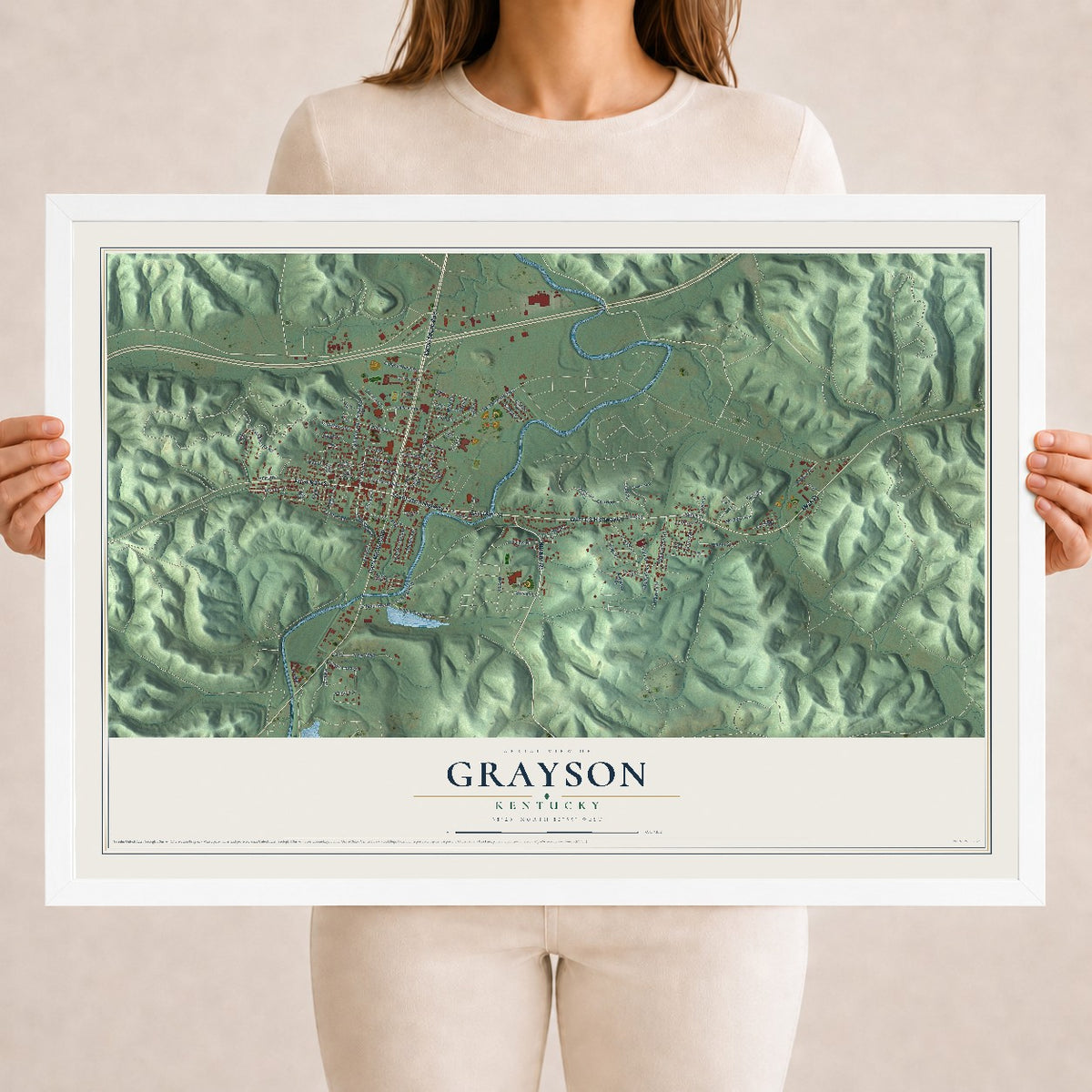 Map of Grayson, Kentucky, 18 x 24 inch print in a white wood frame