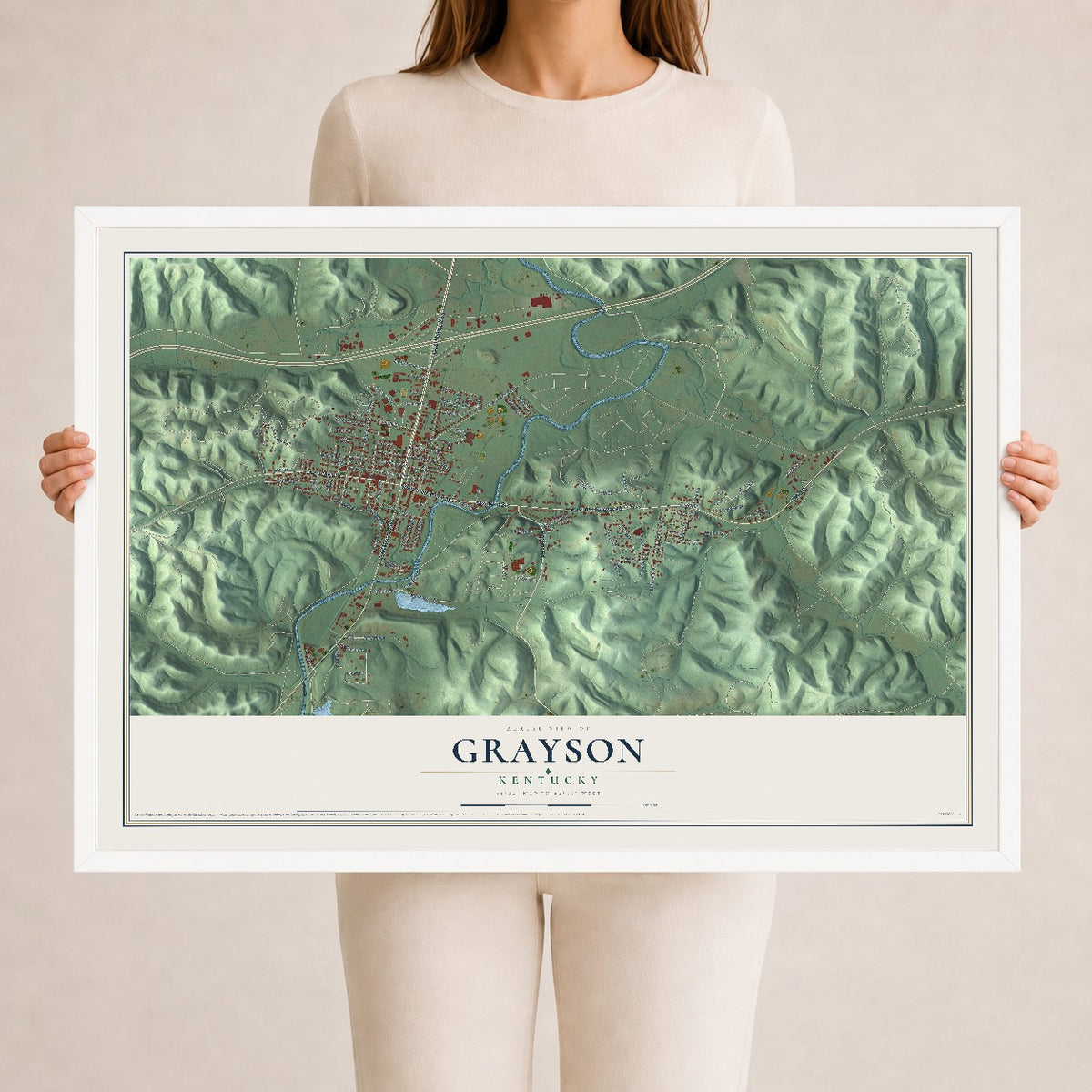 Map of Grayson, Kentucky, 24 x 36 inch print in a white wood frame