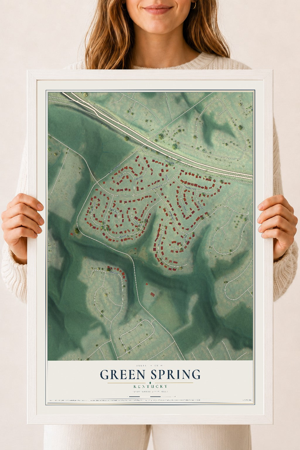 Map of Green Spring, Kentucky, 18 x 24 inch print in a white wood frame