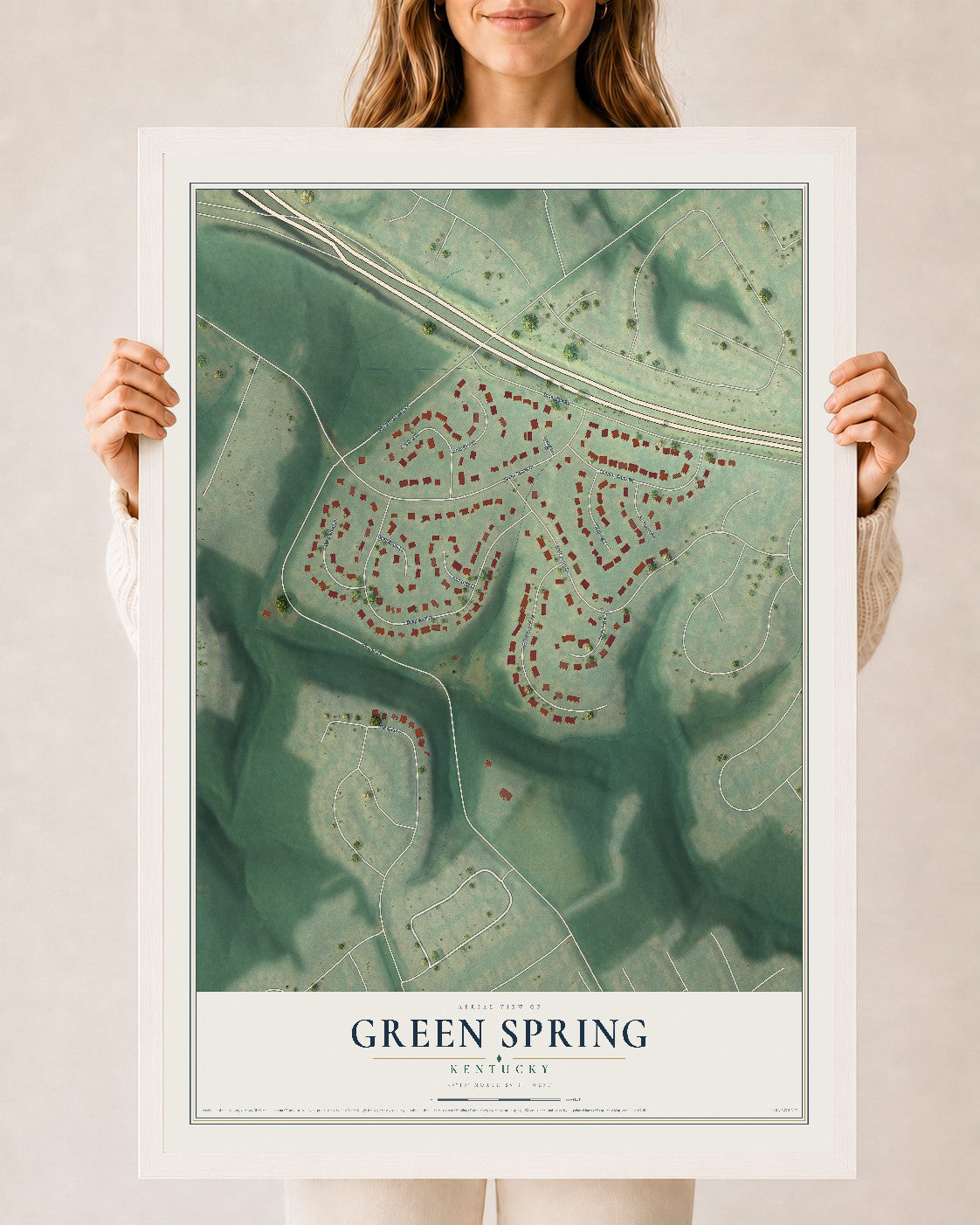 Map of Green Spring, Kentucky, 24 x 36 inch print in a white wood frame