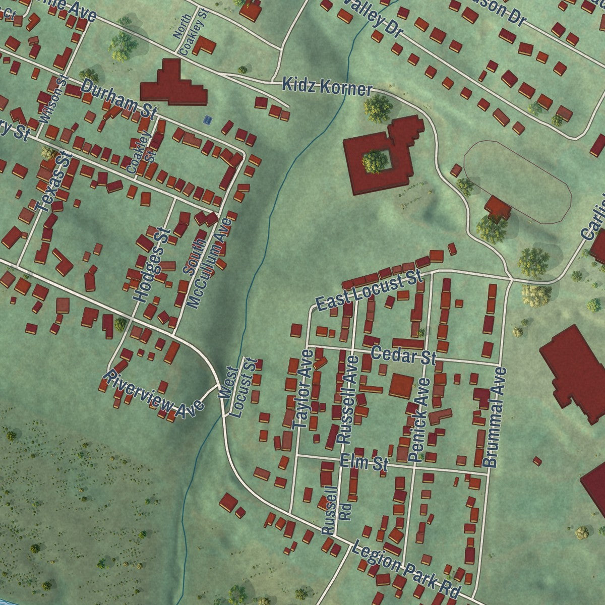Close-up of the map of Greensburg, Kentucky print showing street and building detail