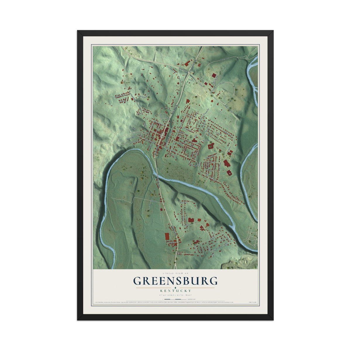 Map of Greensburg, Kentucky, 12 x 18 inch print in a black wood frame
