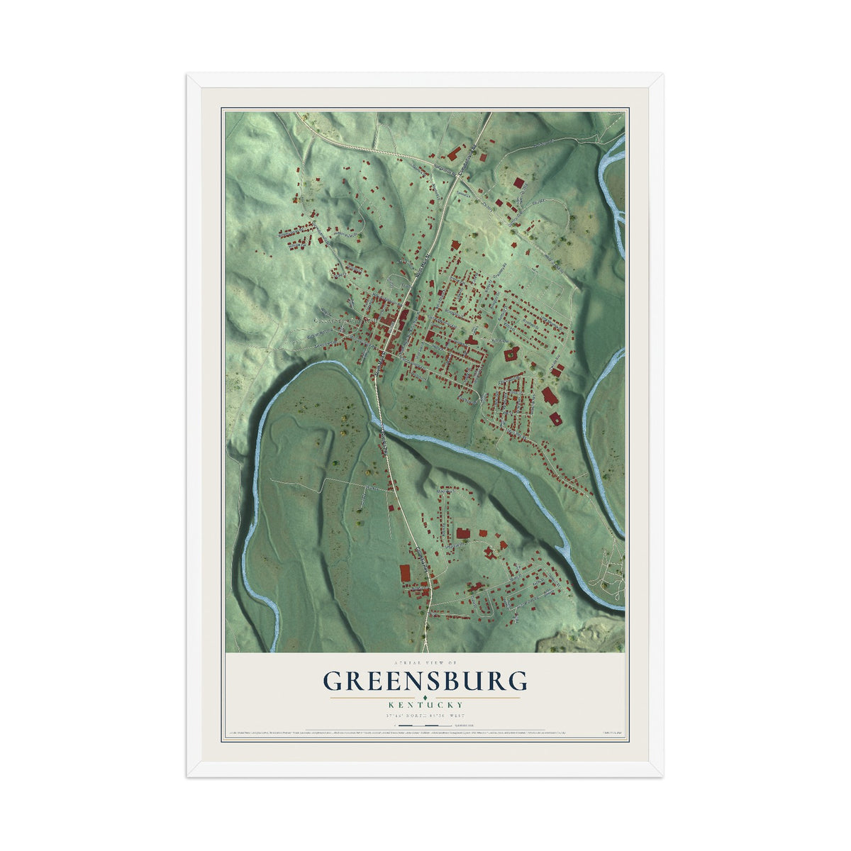 Map of Greensburg, Kentucky, 12 x 18 inch print in a white wood frame