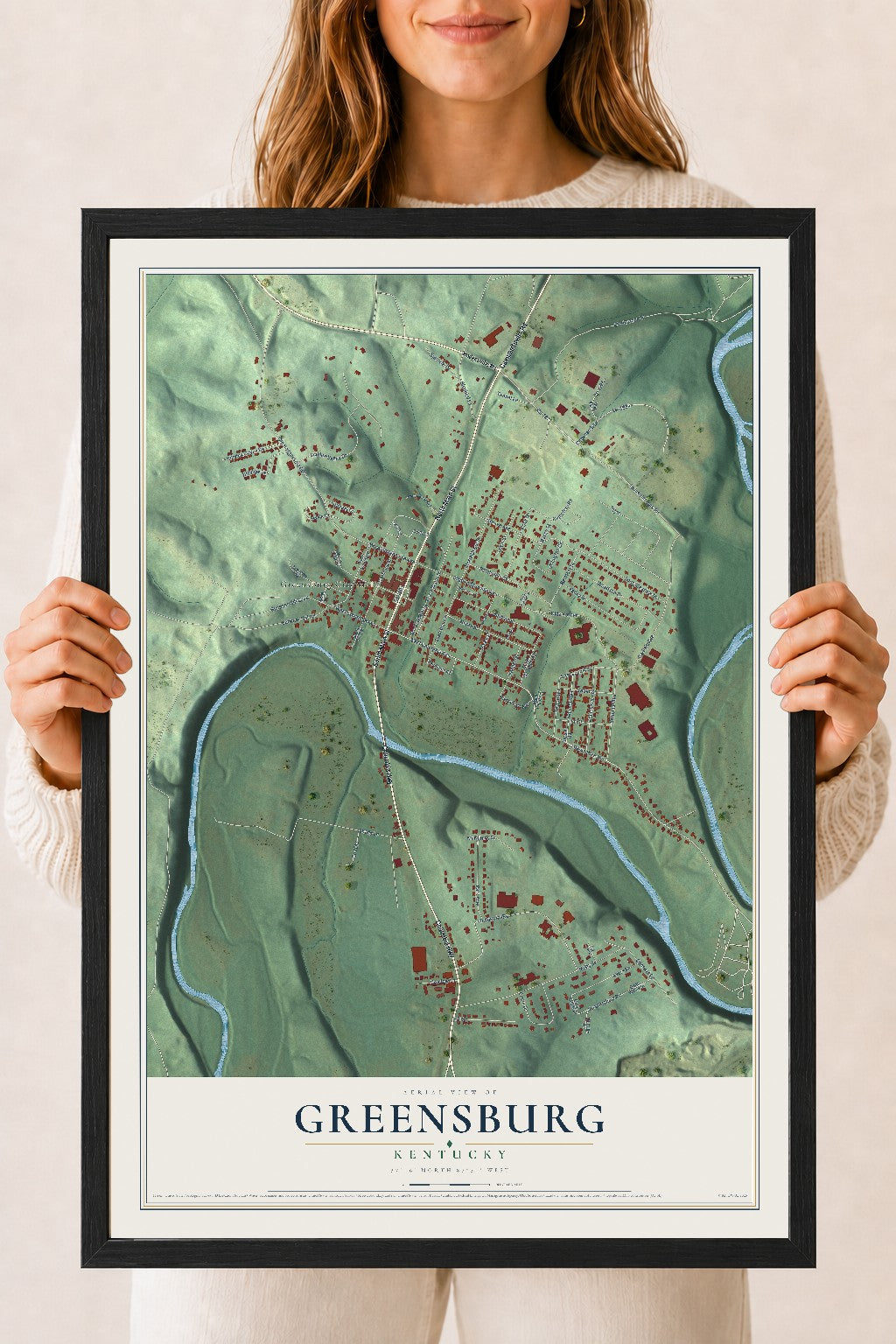 Map of Greensburg, Kentucky, 18 x 24 inch print in a black wood frame